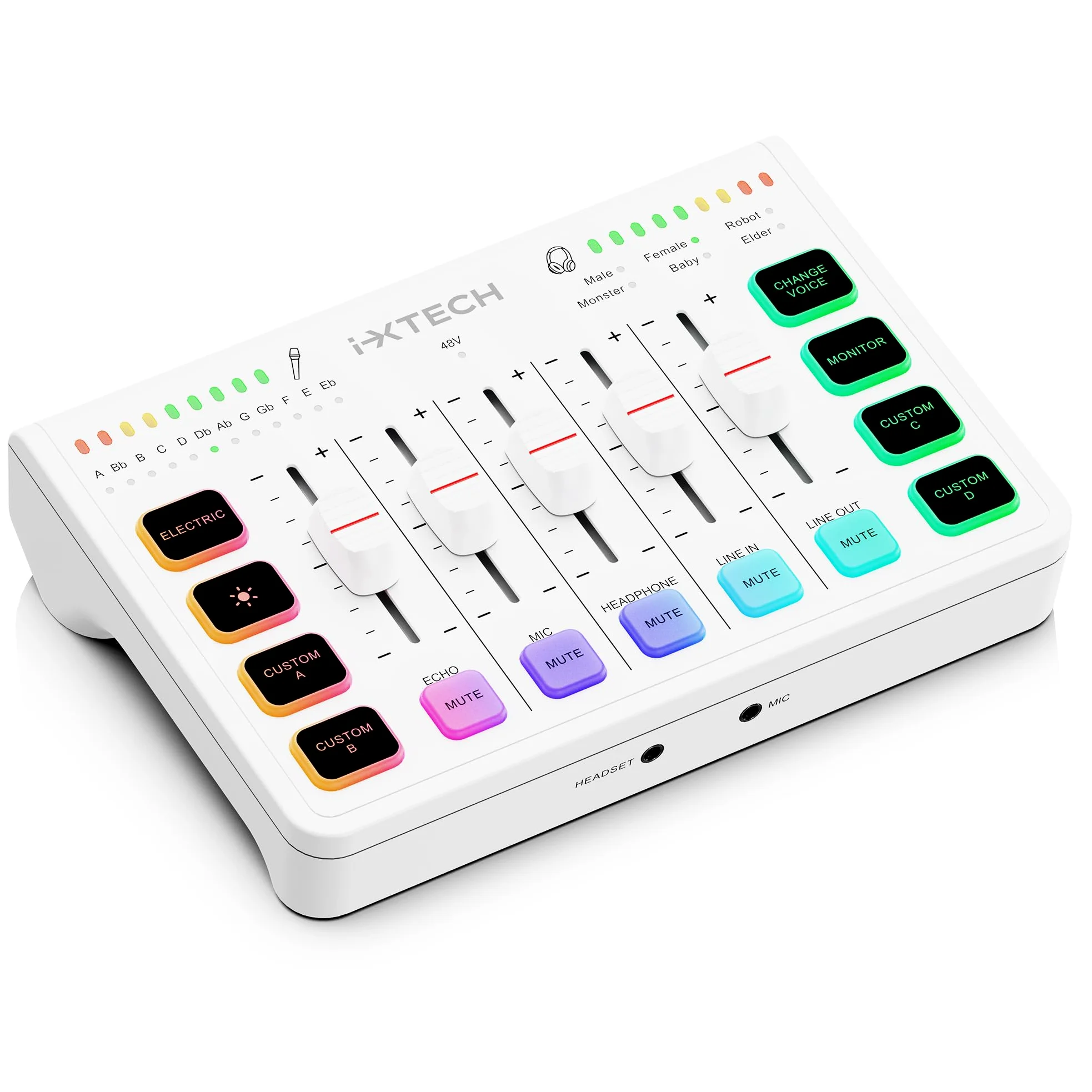 IXTECH Mixer audio da gioco a 4 canali, interfaccia audio streaming RGB PC con supporto microfono XLR, equalizzatore audio per giochi, podcast, streaming, karaoke, controlli del volume individuali