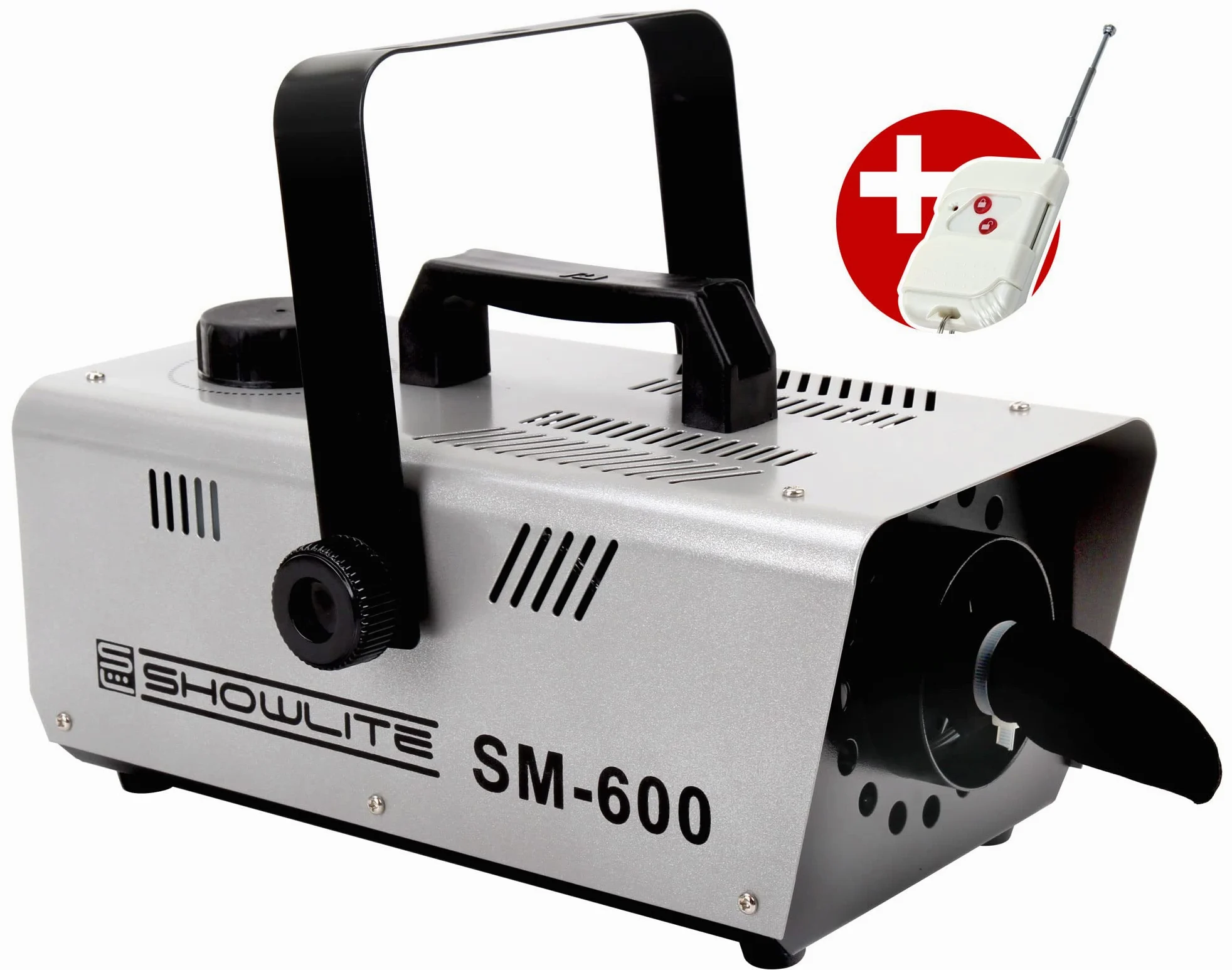 Showlite SM-600 Macchina della Neve incl. Telecomando Wireless + Set 1 L Liquido Neve (Portata Neve: 30 m³/min, Capacità Serbatoio: 1 L, incl. Staffa di Sospensione)
