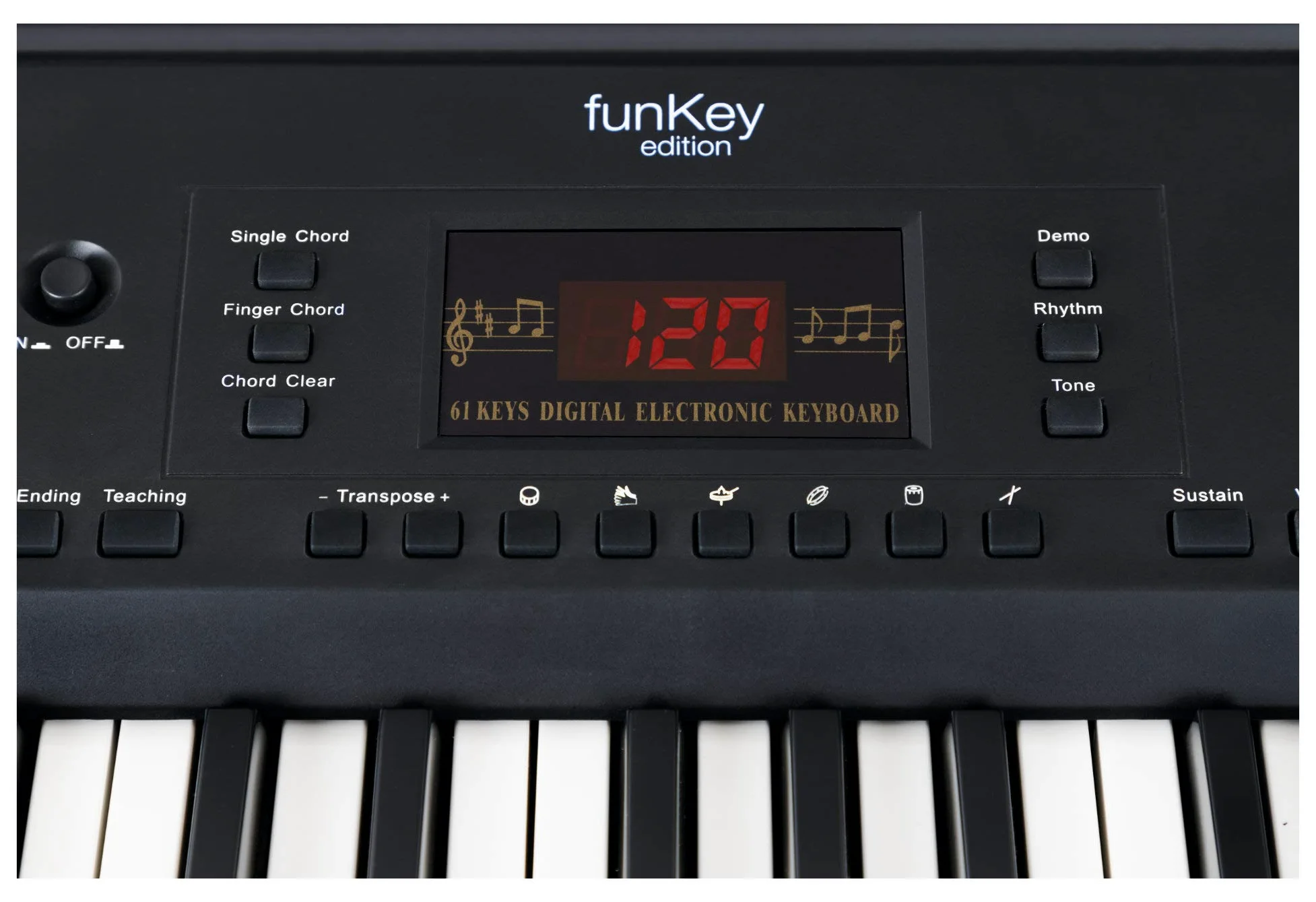 FunKey 61 Edition Nero, 300 suoni, 300 ritmi, 40 brani demo, Metronomo | Sustain, vibrato, double voice, trasposizione, split tastiera, intro/ending, drum, Funzione di registrazione, Uscita cuffie