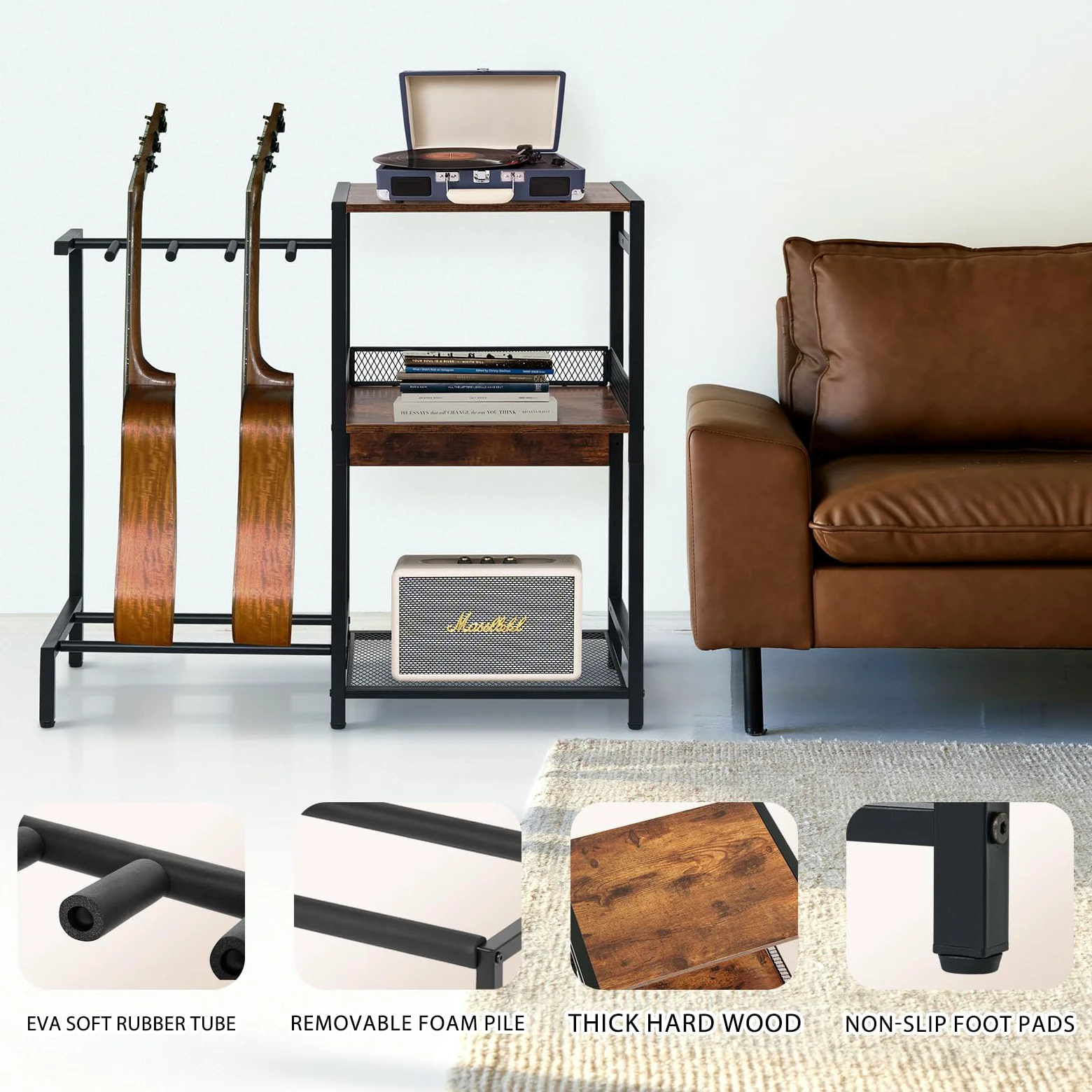 Supporto per chitarra, supporto per chitarre multiple fino a 3, supporto per giradischi in vinile a 3 livelli, rack per acustica, basso, ukulele, amplificatore, supporto per giradischi per