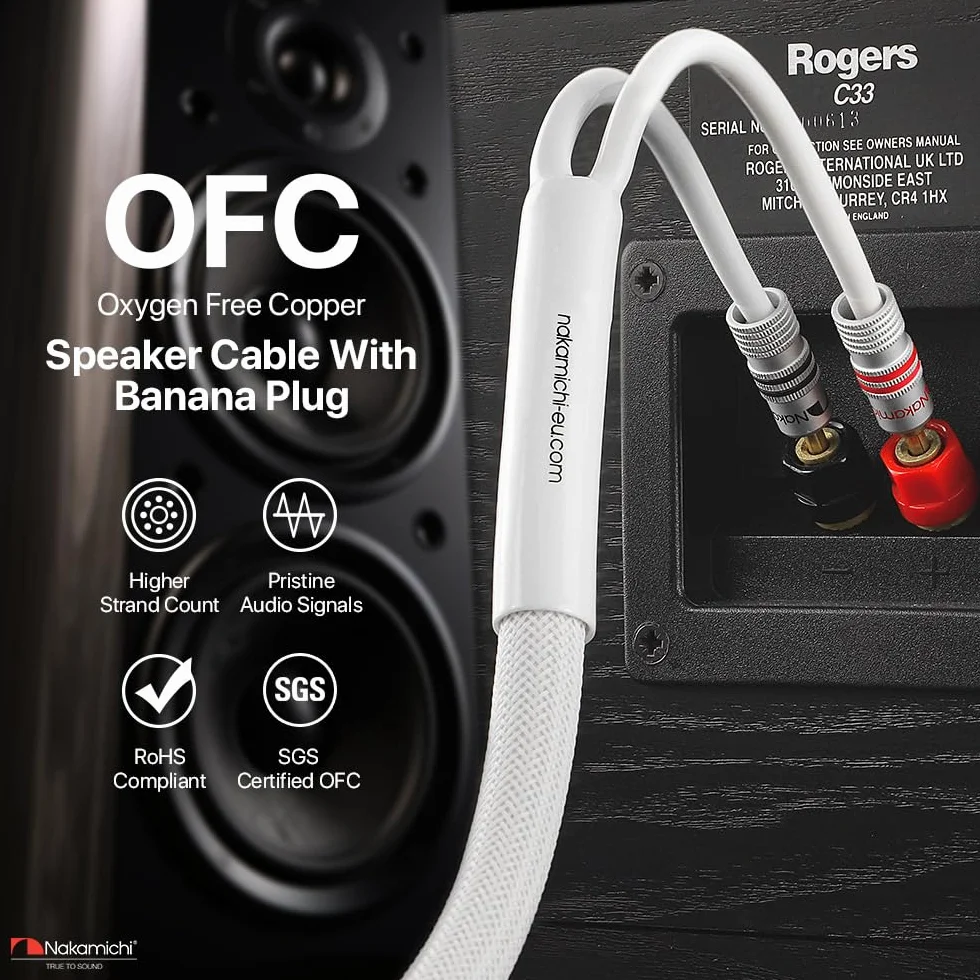 Nakamichi Excel Series Connettore Banana Placcato Oro 24k con Cavo degli Altoparlanti in Rame Senza Ossigeno al 99.9% (OFC) Intrecciato Robusto per Amplificatore Hi-Fi - Bianco (12AWG / 6ft / 1.8m)