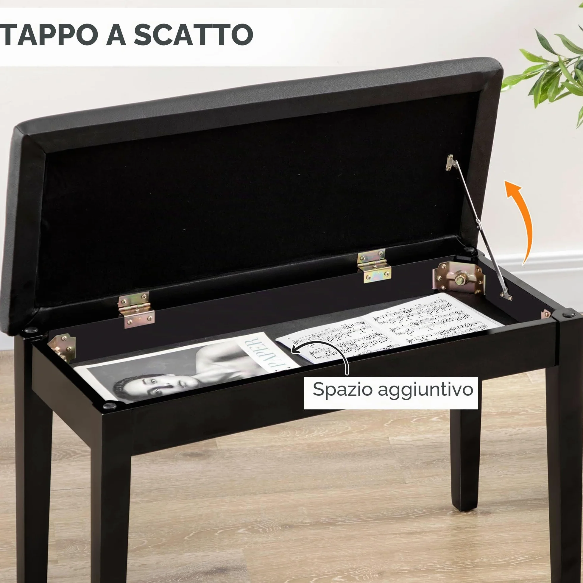 HOMCOM Sgabello per Pianoforte con Vano Contenitore PU 75x35x49cm Nero | Panca per Pianoforte, in Legno e Finta Pelle PU