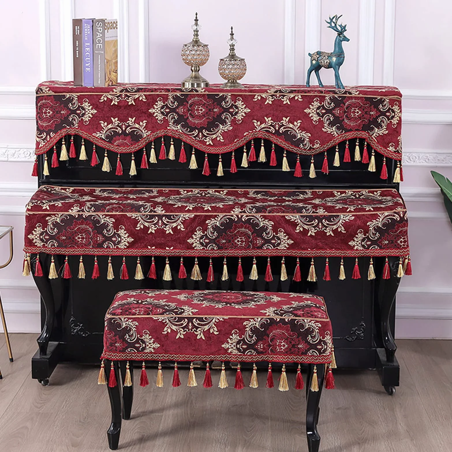 Coperture in Tessuto Poncho per Pianoforte, Mezza Copertura per Pianoforte alla Moda di Lusso, Copertura per Tastiera Elettronica per Pianoforte,Red
