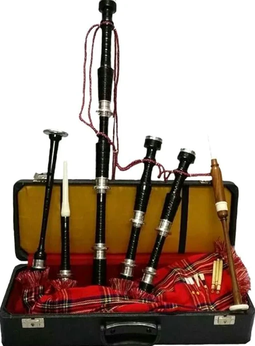 Cornamusa scozzese in palissandro finitura nera con supporti argentati/cornamusa Highland full size con custodia rigida