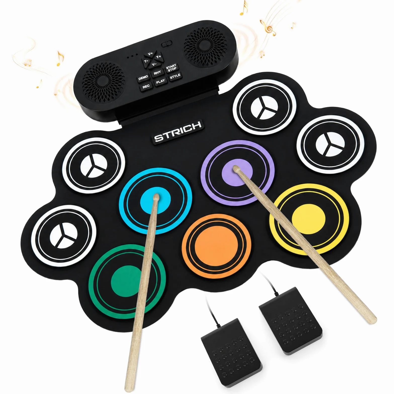 STRICH Batteria Elettronica, Tappetino Batteria Arrotolabile 9 Pad, Pad Portatile con Altoparlante Integrato, Pedali e Bacchette, 10 Ore di Riproduzione(SED-K10)