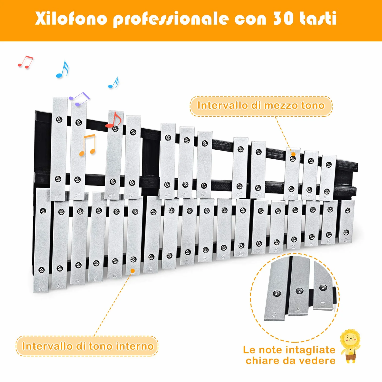 RELAX4LIFE Xilofono con 30 Note in Alluminio e Legno,Portatile e Pieghevole, Educativo con Base in Legno, Mazzuole e Borsa,per Principianti della Musica, 56 x 33 x 5 cm
