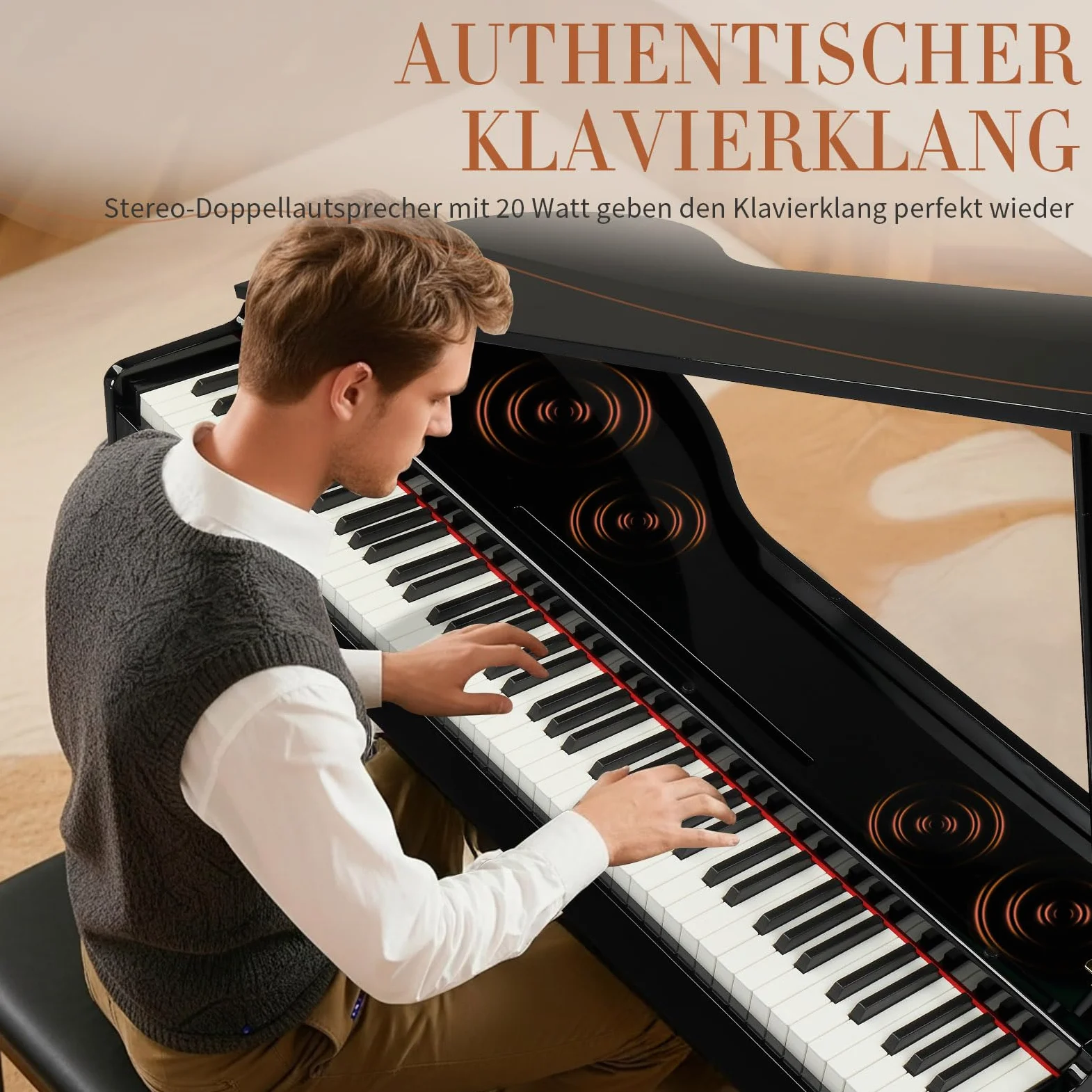 LEADZM Grand Piano, pianoforte digitale con 88 tastiera ponderata e finitura lucida, coperchio pieghevole, suono a 4 altoparlanti, Bluetooth MIDI/audio, nero