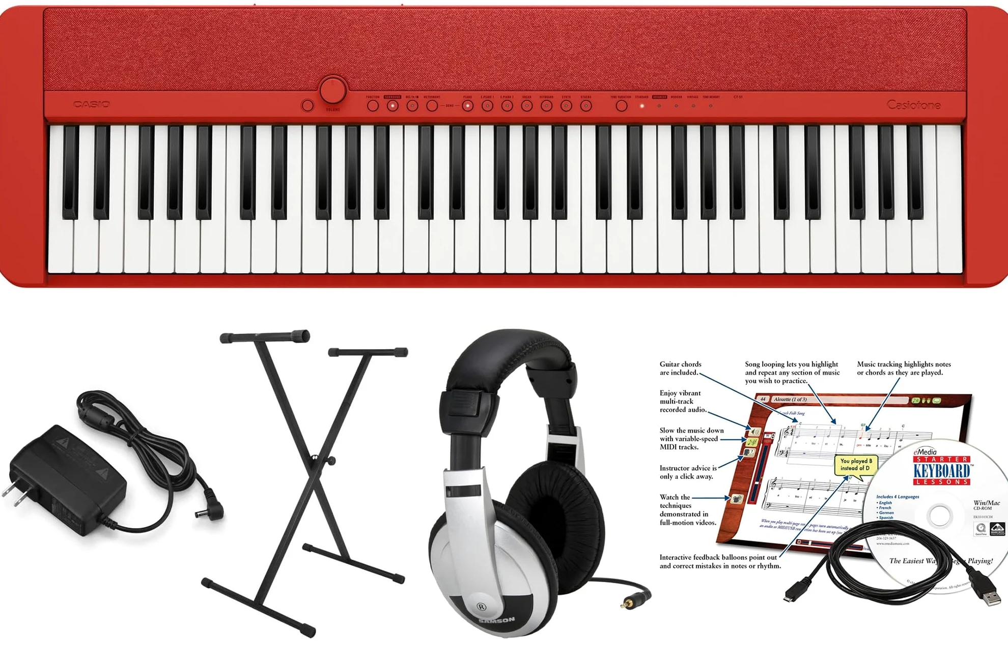 Casio CT-S1 Educational Pack with Stand and eMedia Instructional Software, AC Adapter and Headphones, Red