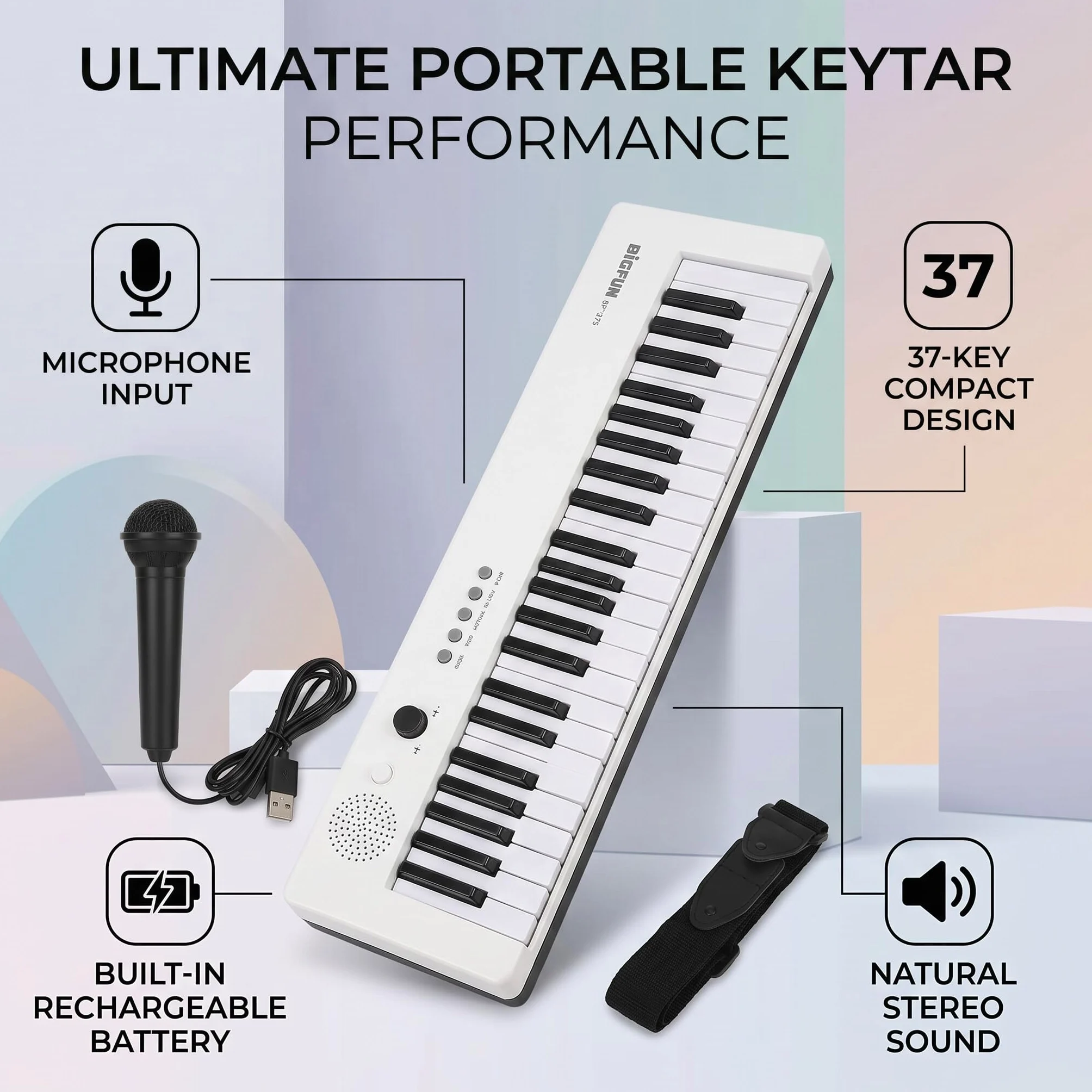 Tastiera Elettronica a 37 Tasti Tastiera Elettronica, Pianoforte Elettronico Pianoforte per Chitarra Portatile Organo Mini Keytar Strumento Musicale (BF-3755 bianco)
