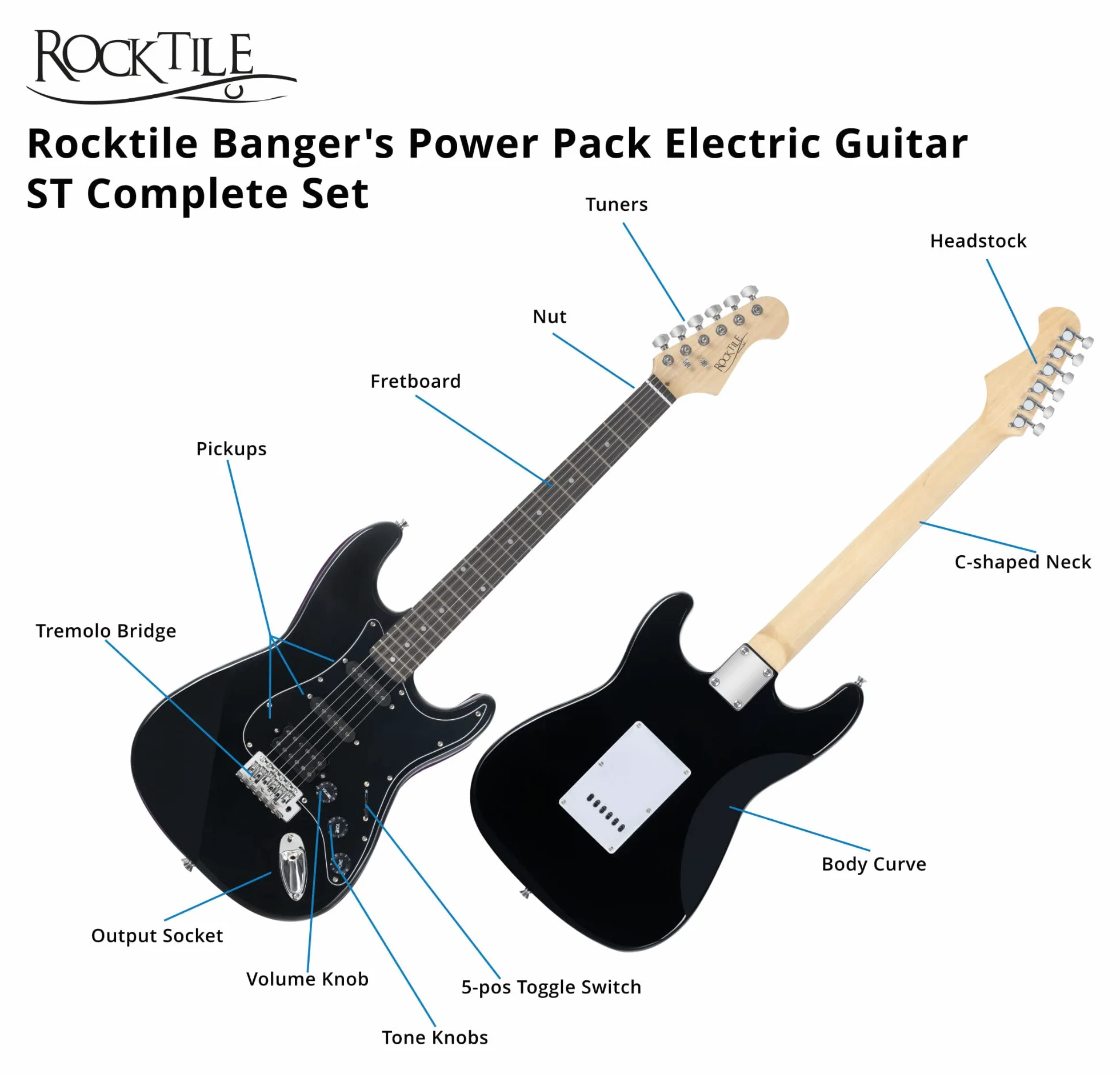 Set Chitarra Elettrica Rocktile Banger's Powerpack Black con Amplificatore | Chitarra Rocktile ST-Style, Finitura Nera, 1x Humbucker e 2x Single Coil Pickup, Selettore a 5 Vie, Leva Tremolo, 5 x 4 cm