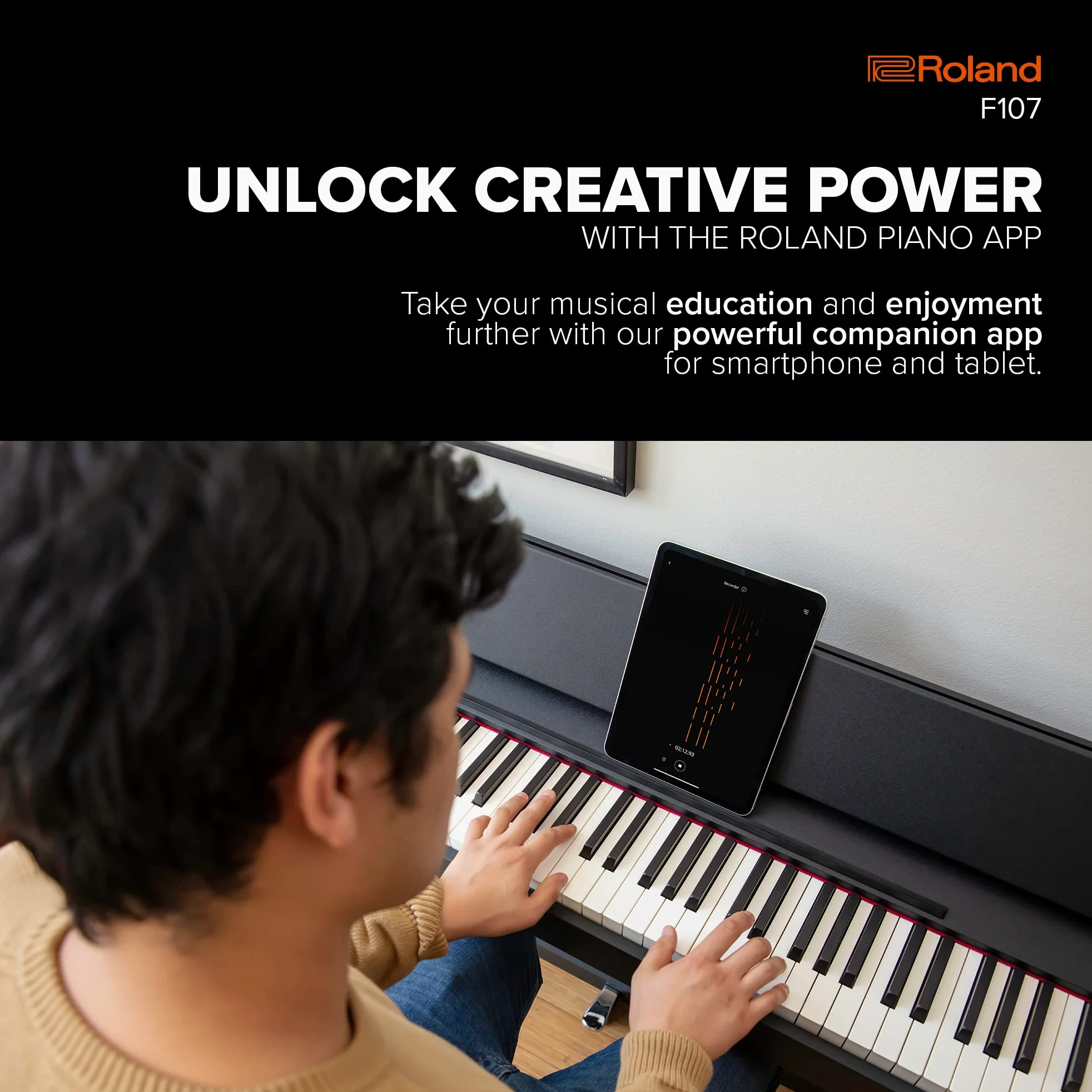 Roland F107 Digital Piano | Piano domestico lineare ed acquistabile con disegno moderno attraente | Perfetto per i principianti | A bordo di Bluetooth® e altro ancora