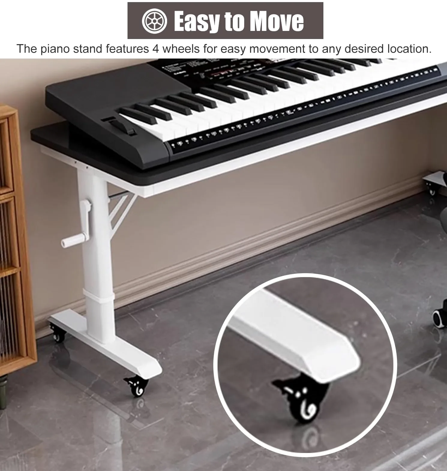 Supporto per tastiera per pianoforte bianco regolabile in altezza, mobile moderno scaffale per pianoforte con ruote, rialzo per tastiera elettronica per studio domestico, kit universale da scrivania