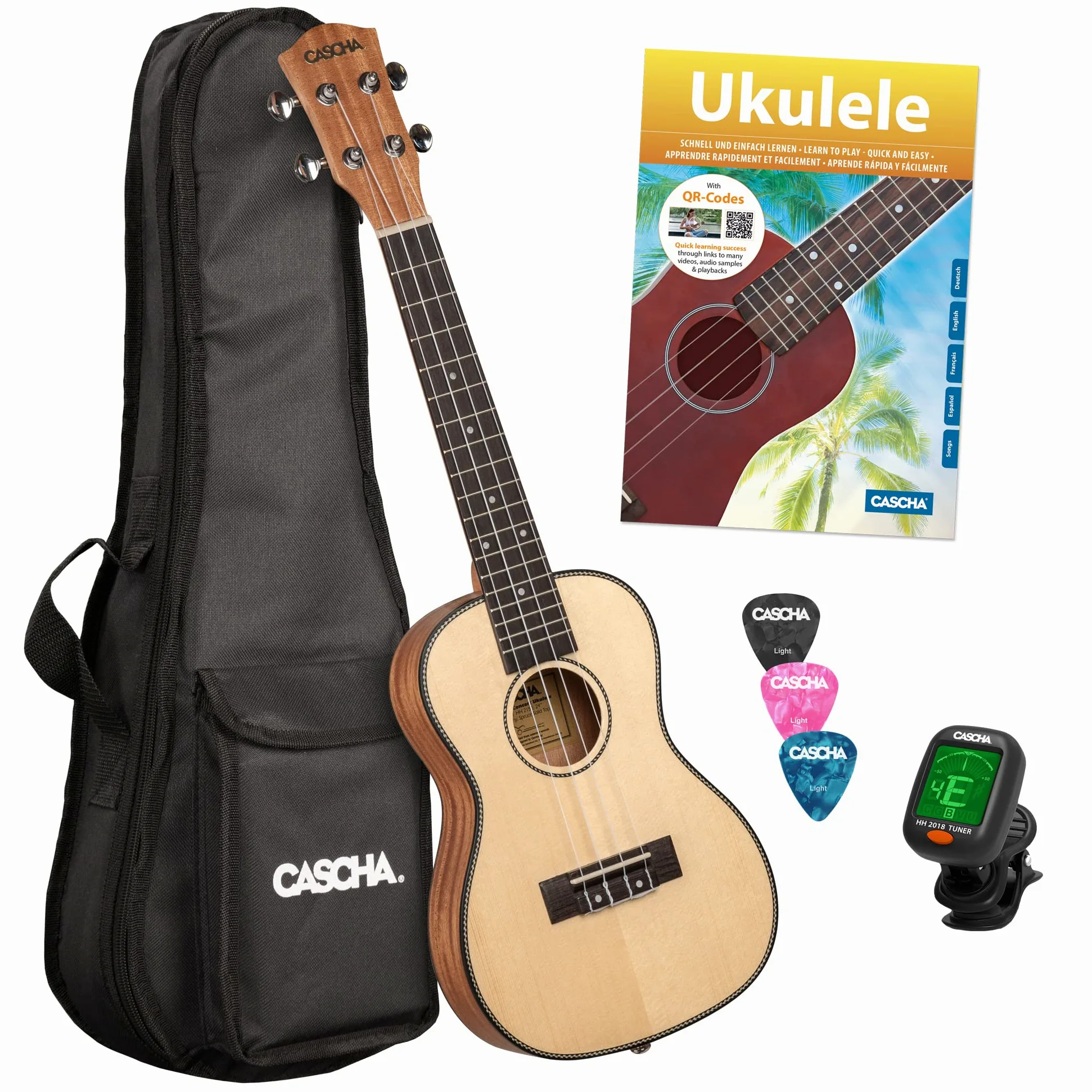 CASCHA - Ukulele da concerto, con copertina in abete massiccio, top hawaiano, set di principianti con accessori, corde Aquila, libro per principianti, custodia, accordatore e 3 plettri