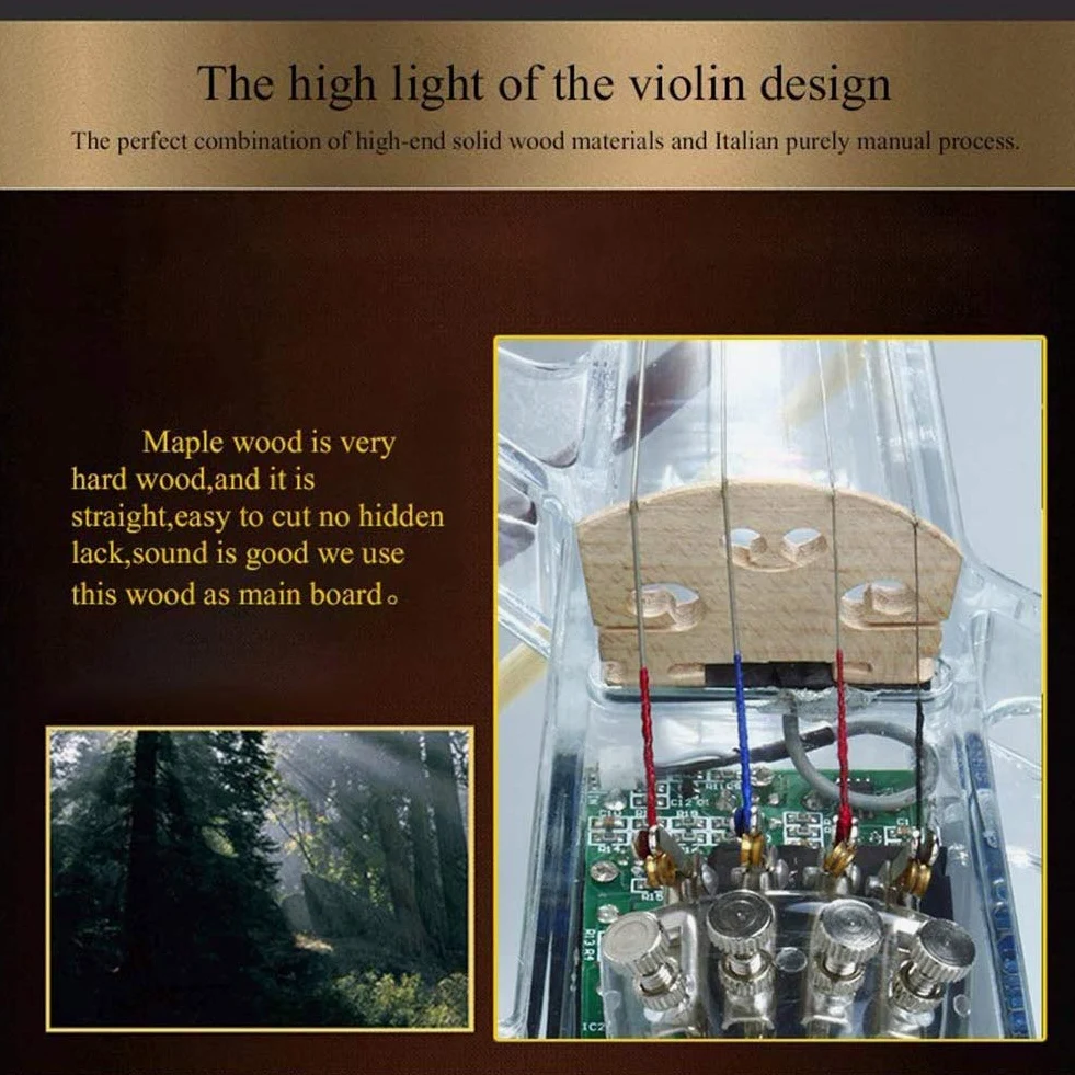 4/4 Violino elettronico Bluetooth LED Colore Luce Violino Acrilico Materiale Trasparente Set per Principianti con Scatola Cuffie Arco Telecomando