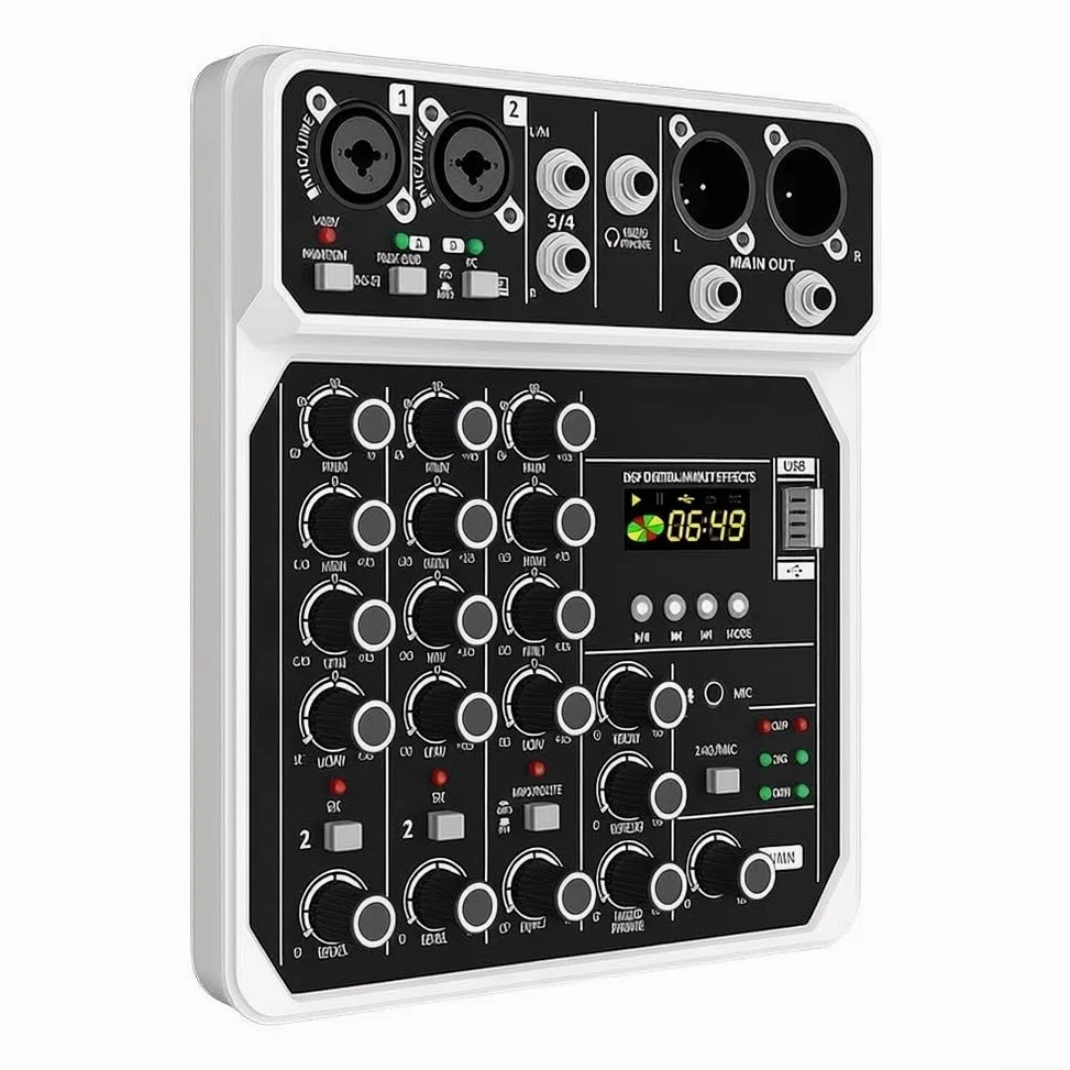 Console di mixaggio compatta a 4 canali da 48 V con microfono per prestazioni Console di mixaggio a 4 canali in miniatura con alimentazione