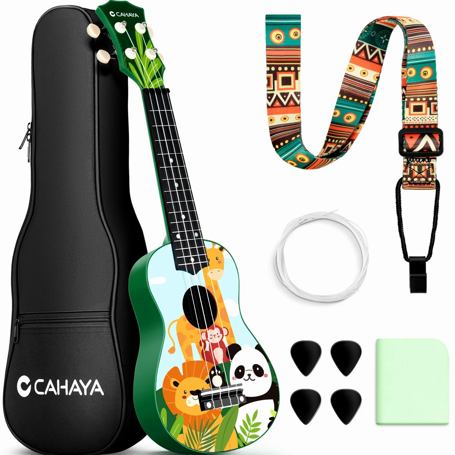 CAHAYA Ukulele soprano con custodia per adulti appassionati: ukulele in tiglio con macchina geared, cinghia, note, corde, panno per la pulizia, 4 plettri, zoo da 21 pollici