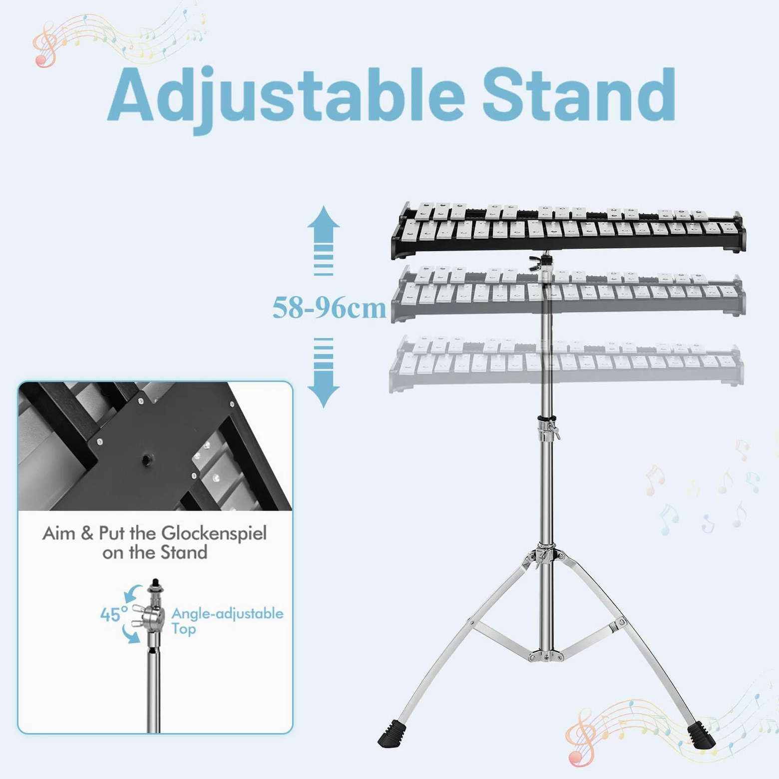 KOMFOTTEU Set con supporto regolabile in altezza, 32 note xilofono con 1 paio di bacchette e bacchette per batteria e 1 tamburo per esercizi a 8 angoli, per bambini, adulti