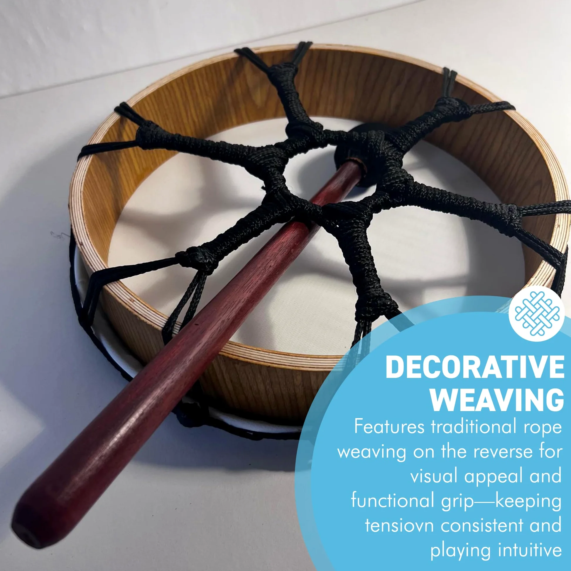 Tamburo sciamanico vegano medio 30 cm con battitore in legno, strumento a percussione con suono profondo risonante