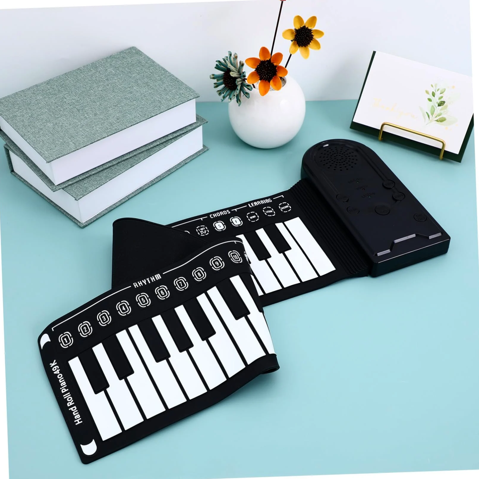 Pianoforte Nero Portatile Pieghevole Elettrico 49 Tasti | Tasti Arrotolabili, Silicone, Altoparlante Integrato, Cavo USB Dc 6v, Alimentazione 3 Batterie Aa