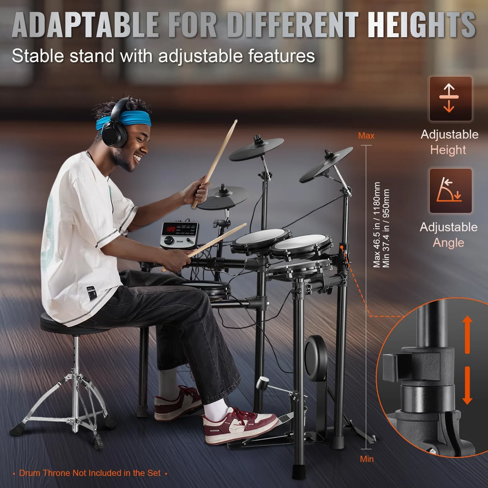VEVOR Set di Batteria Elettronica, 32 Kit di Batteria e 480 Suoni, Kit di Batteria Elettronica, Batteria Rullante a Rete Silenzioso 203,2 mm con Supporto USB MIDI con Piatti, Bacchette e Pedali
