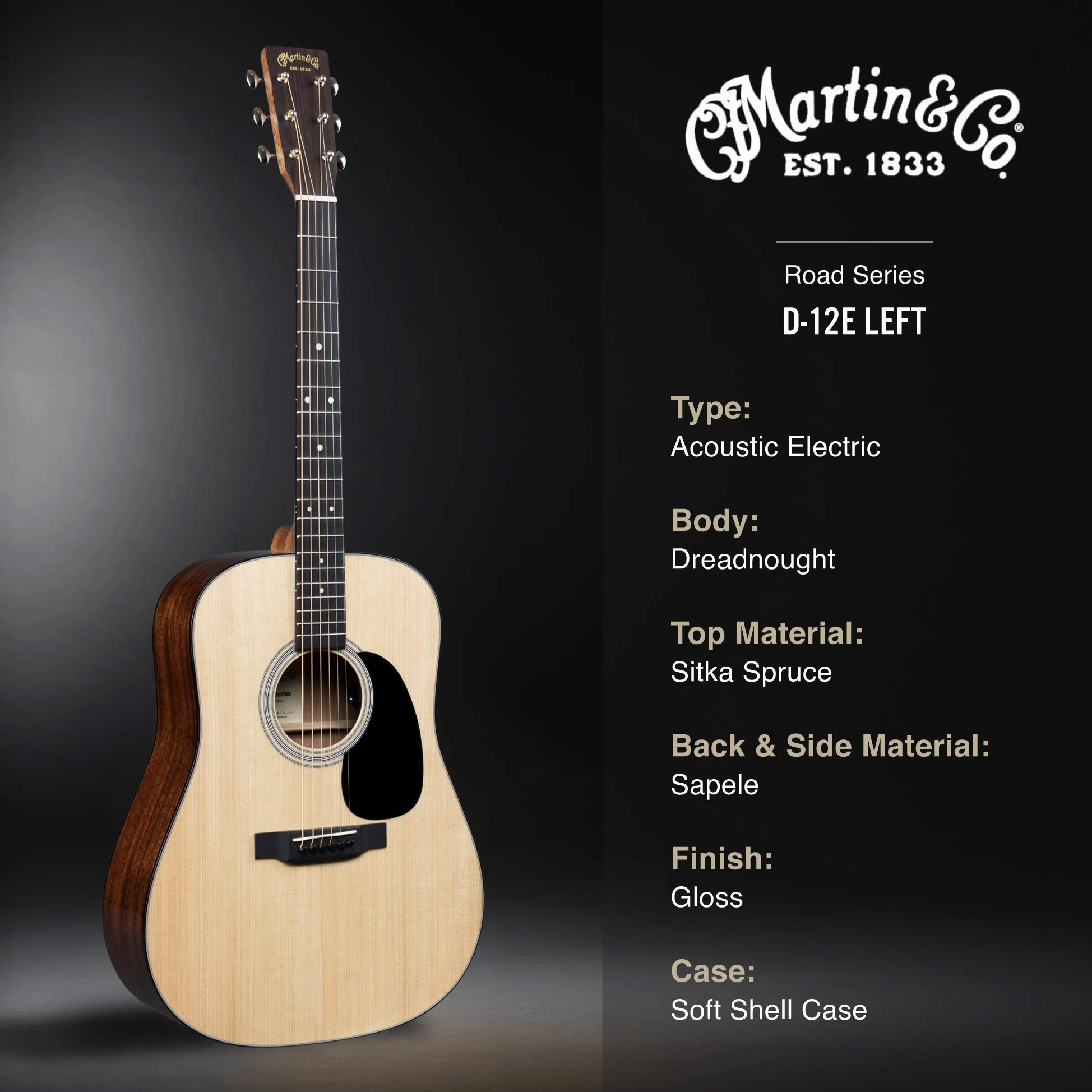 Martin Guitar Road Series D-12E - Chitarra acustica-elettrica con custodia, struttura in abete Sitka e Sapele, tasti D-14 e manico per artisti performanti con cono ad alte prestazioni