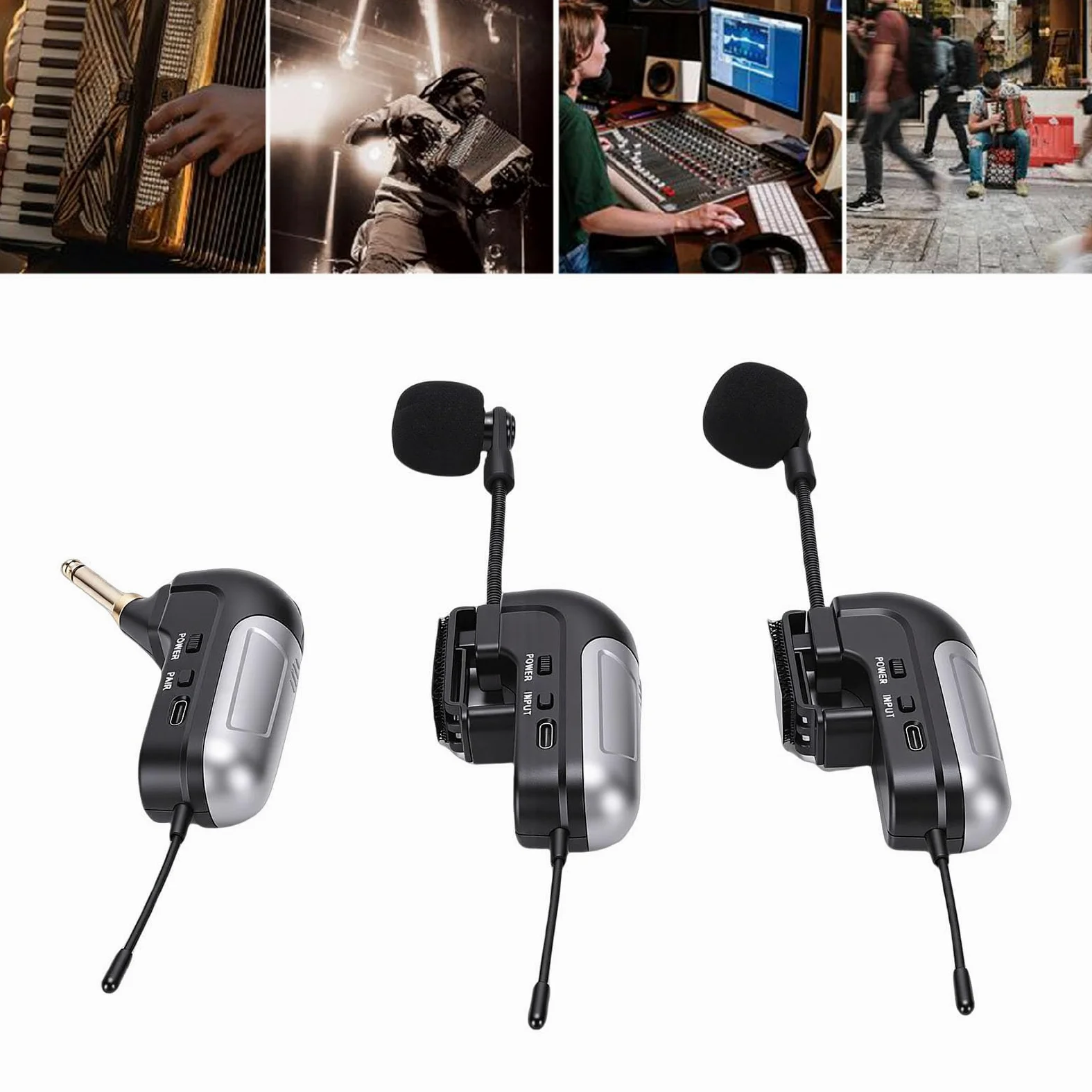 Jectse Microfono per Fisarmonica Wireless UHF, Raccolta a 360 Gradi, Suono Chiaro, Riduzione del Rumore, Durata della Batteria di 30 M, 6 Ore, con Ricevitore, per Spettacoli Sul Palco,