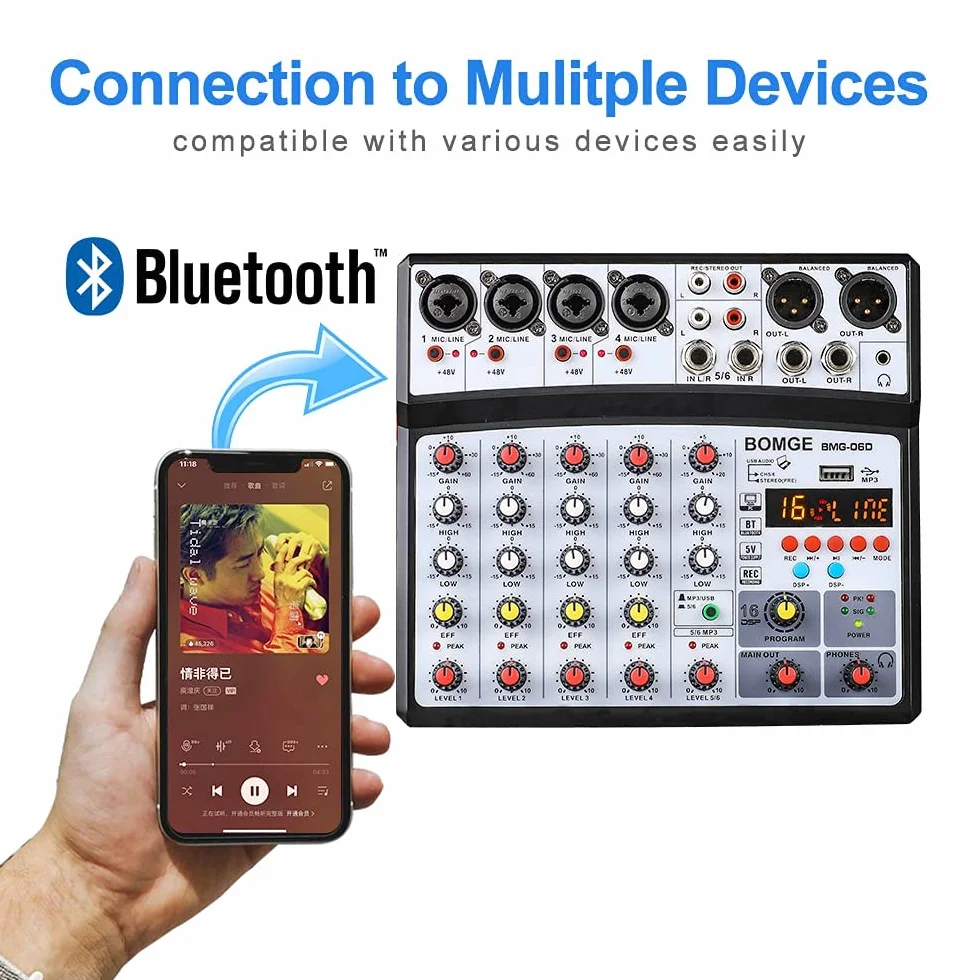 BOMGE Professionale 6 Canali 99DSP DJ Audio Sound Mixer Interfaccia Console di Mixaggio Desktop Karaoke con Ingresso MP3, USB, Ingresso Bluetooth, Registrazione Stereo, Alimentazione Phantom 48V