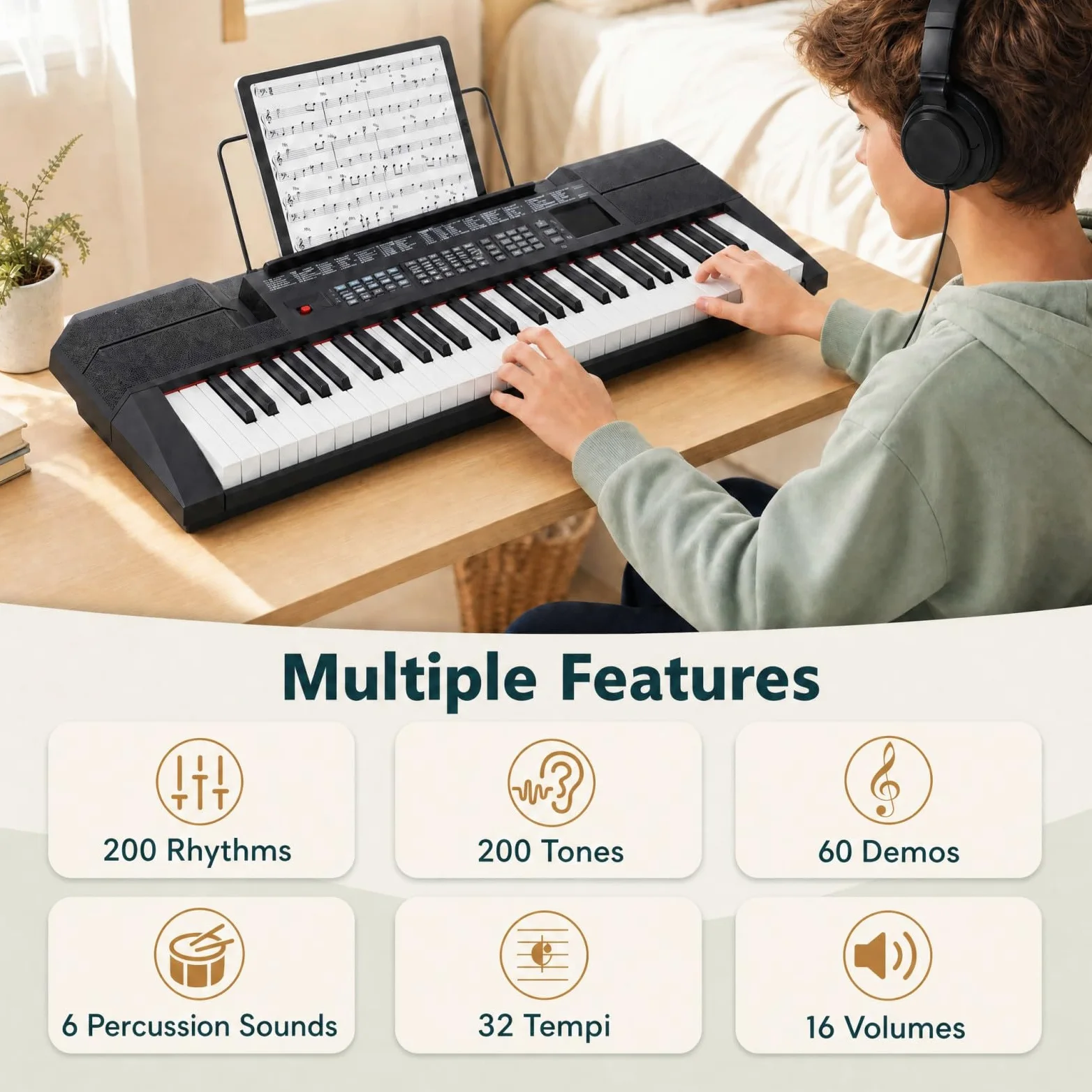 KOMFOTTEU Pianoforte Digitale 54 Tasti, con 200 Ritmi, 200 Suoni e 60 Demo | Tastiera Elettronica con Microfono e Leggio, Pianola Doppia Portatile e Leggera, per Bambini, Adolescenti e Adulti, Nero