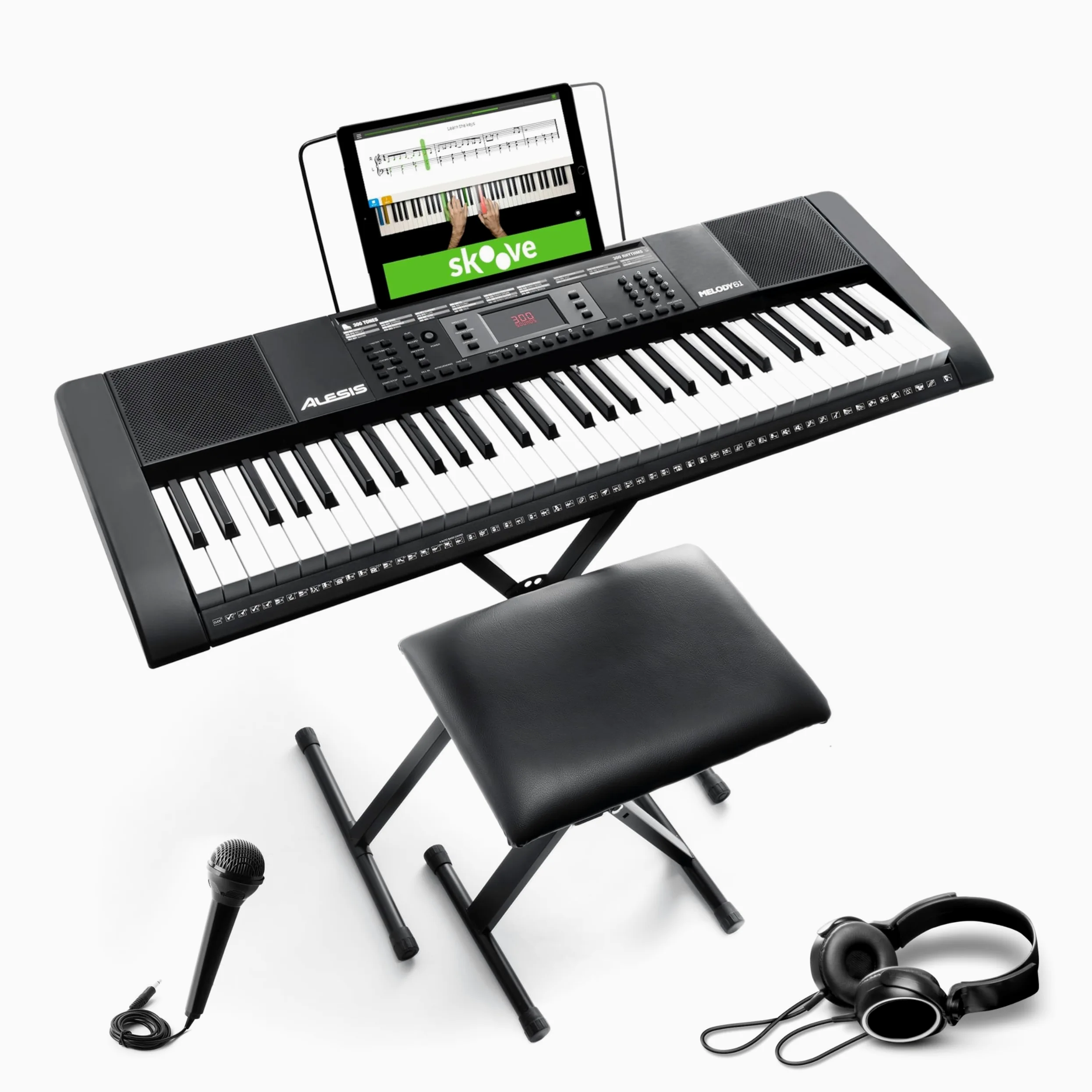 Alesis Melody 61 - Pianola Tastiera per Principianti con Diffusori, Supporto, Sgabello, Cuffie, Microfono, Leggio, 300 Suoni, Lezioni Musicali