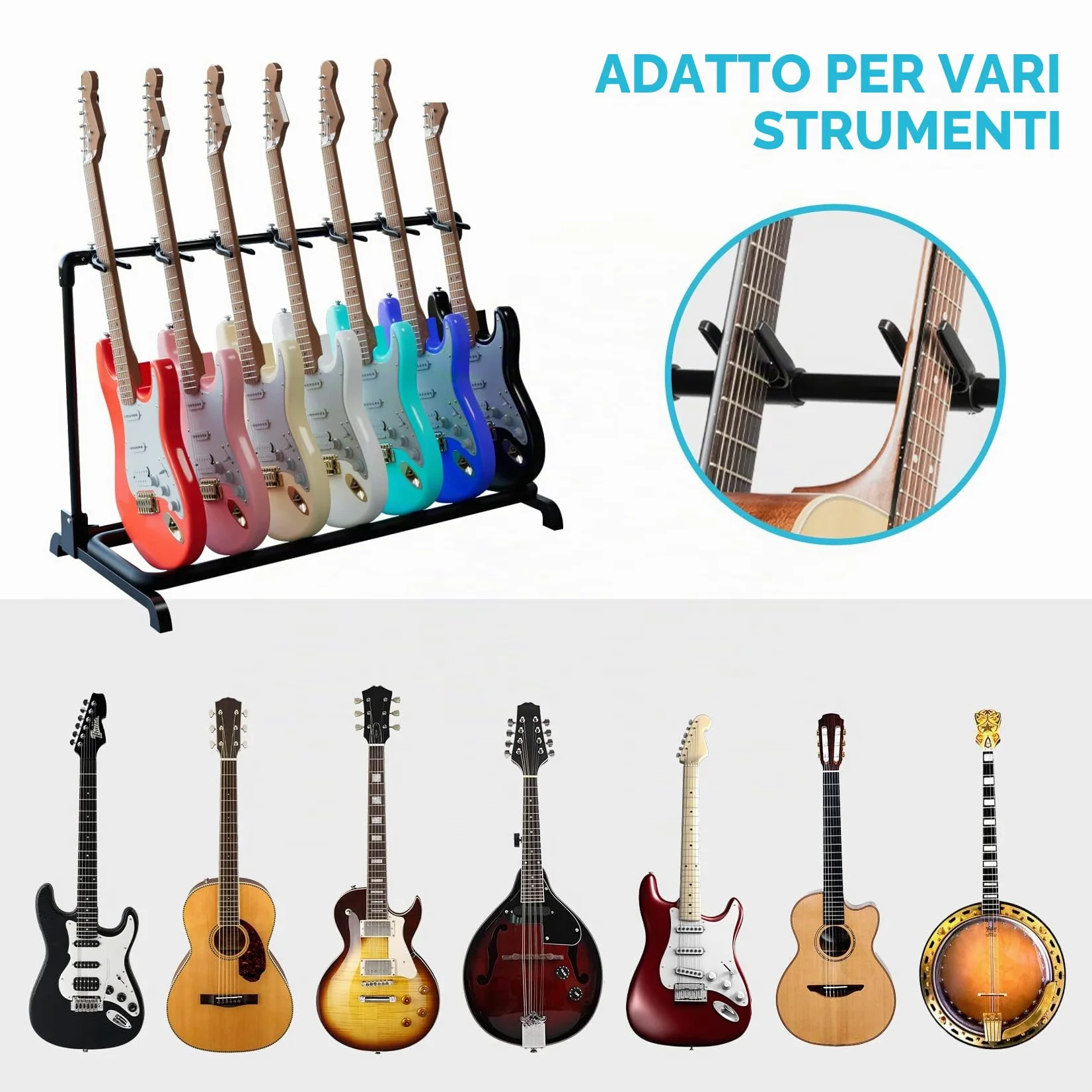 GUITTO - Supporto pieghevole universale per più chitarre, portatile, per basso e chitarra acustica, per banda e palcoscenico, 7 supporti GGS-11