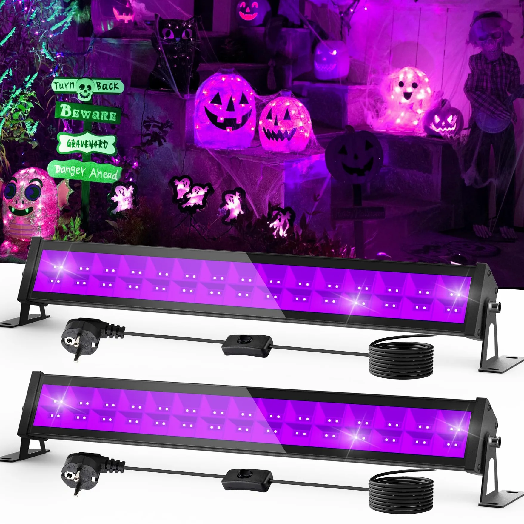 NATPOW Luce Nera UV 36W, 400-405nm Lampada LED Nera con Interruttore e 1,5 Metri di Cavo di Alimentazione, IP65 Impermeabile Faretto UV LED per Halloween, Discoteca, Mostra d'arte, Bar, Feste, 2 Pezzi