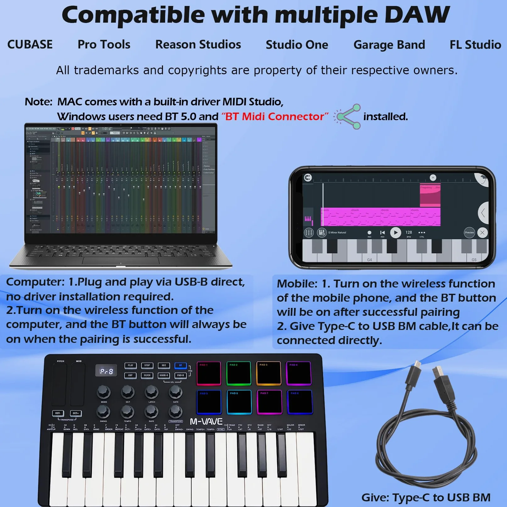 M-VAVE 25 tasti 8 retroilluminati Drum Pads Tastiera MIDI - Beat Maker professionale e Keytar per la produzione musicale Tastiera Batteria integrata Connessione wireless, Nero, MIDI 8 PADS