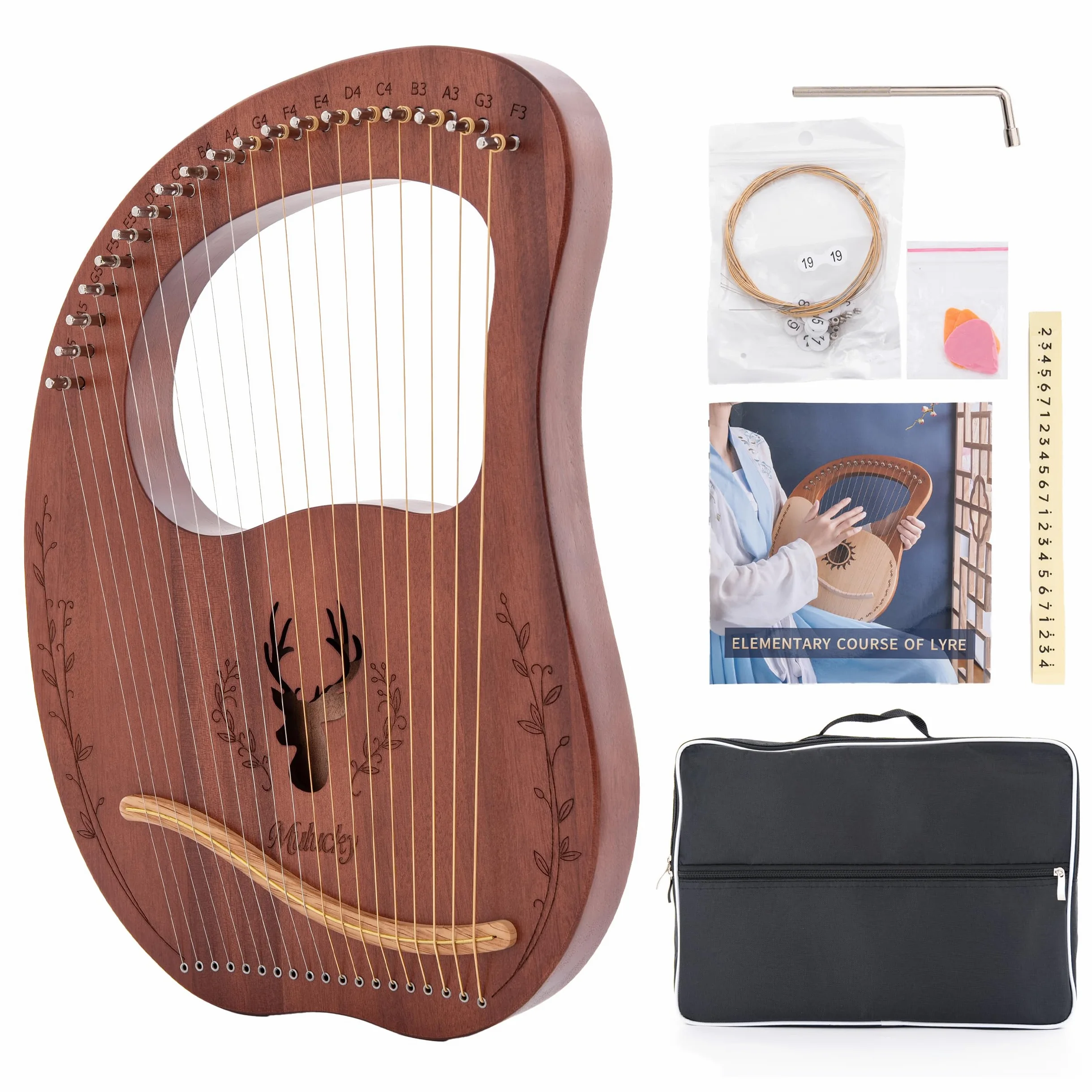 Mulucky Arpa a 19 corde, in mogano, con kit di strumenti musicali a corda con custodia per chiavi di accordatura, corde extra, per principianti e adulti