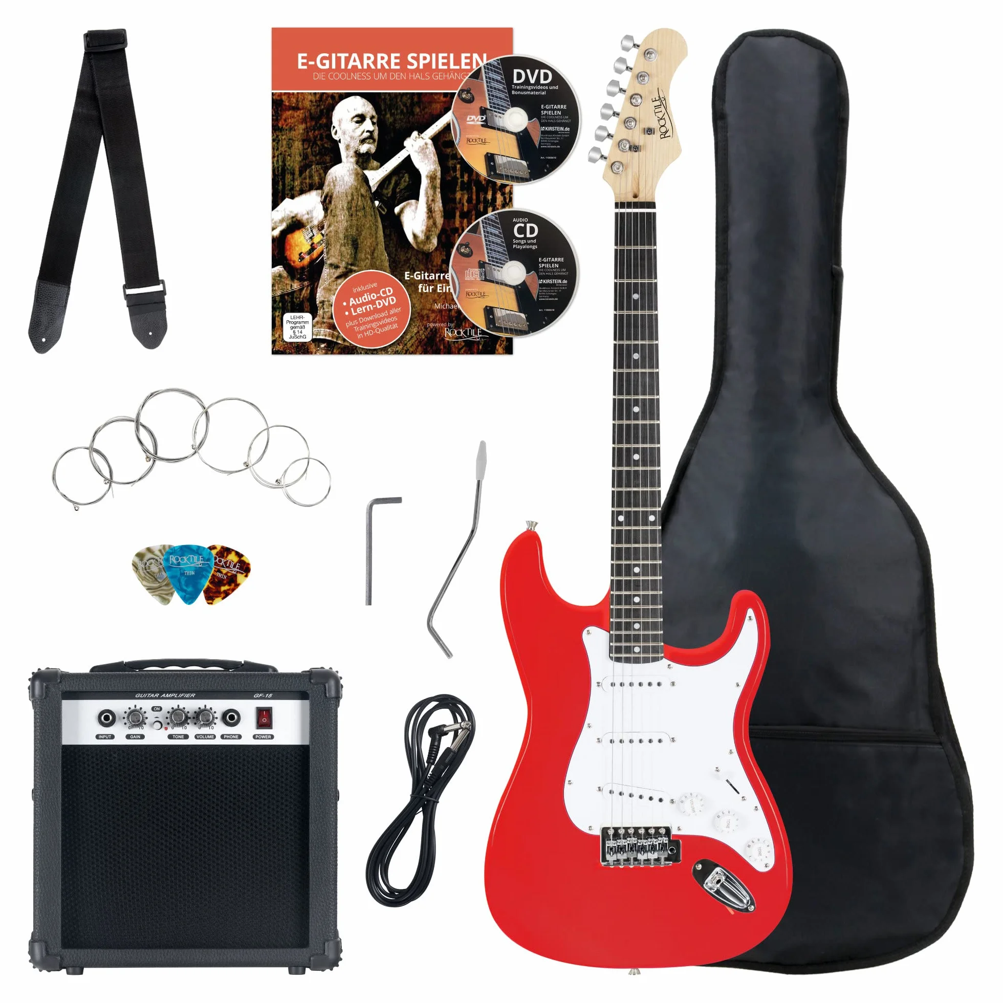 Rocktile Banger's Pack Set Chitarra Elettrica Rosso - Kit Completo per Chitarre Elttriche con Amplificatore 25W, Custodia Morbida, Cavo, Tracolla, Tremolo, Plettri - Red Highgloss