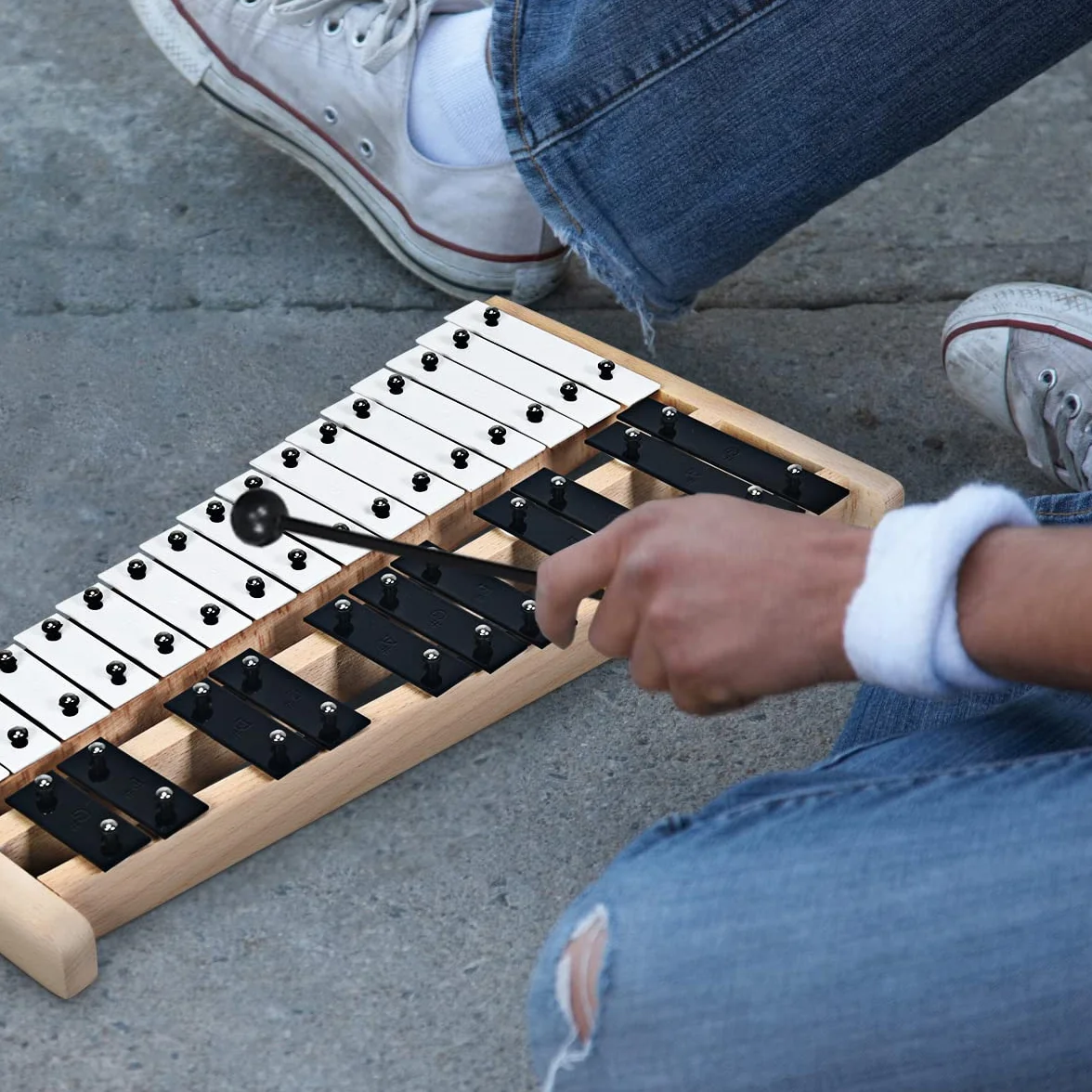 KOMFOTTEU 27 note xilofono, carillon con tasti in metallo e base in legno, percussione a mano con 2 bacchette portatile con custodia per il trasporto, strumento a percussione per prestazioni, concerto