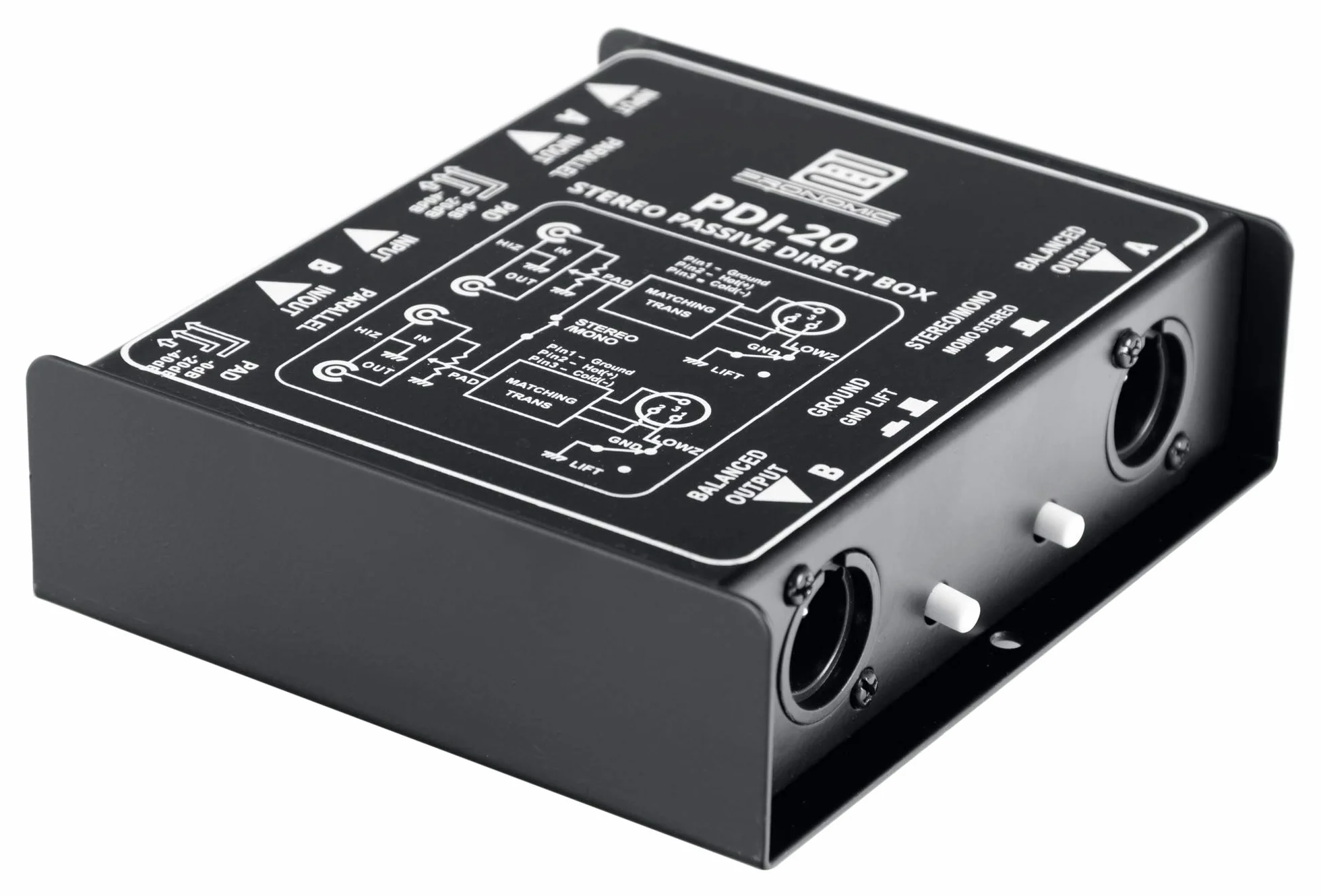Pronomic PDI-20 passive Stereo-DI-Box - Gamma di frequenza: 15 Hz - 30 kHz - Interruttore Stereo/Mono - Interruttore Pad - Ground-Lift - nero