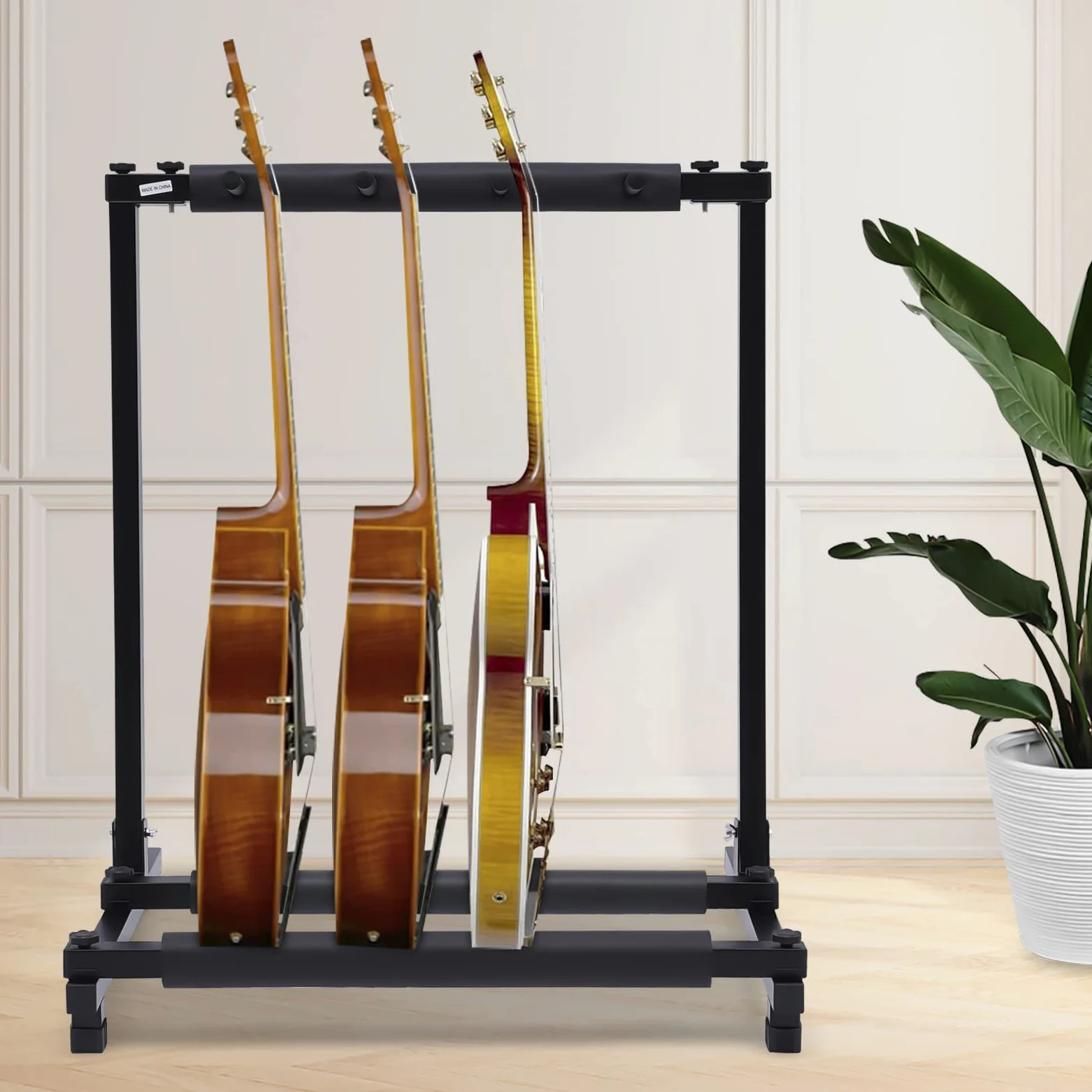 Supporto per chitarra, in metallo, regolabile, più supporto per chitarra, con piedini in gomma antiscivolo, copertura per chitarra, basso, violino, ukulele (3 chitarre)