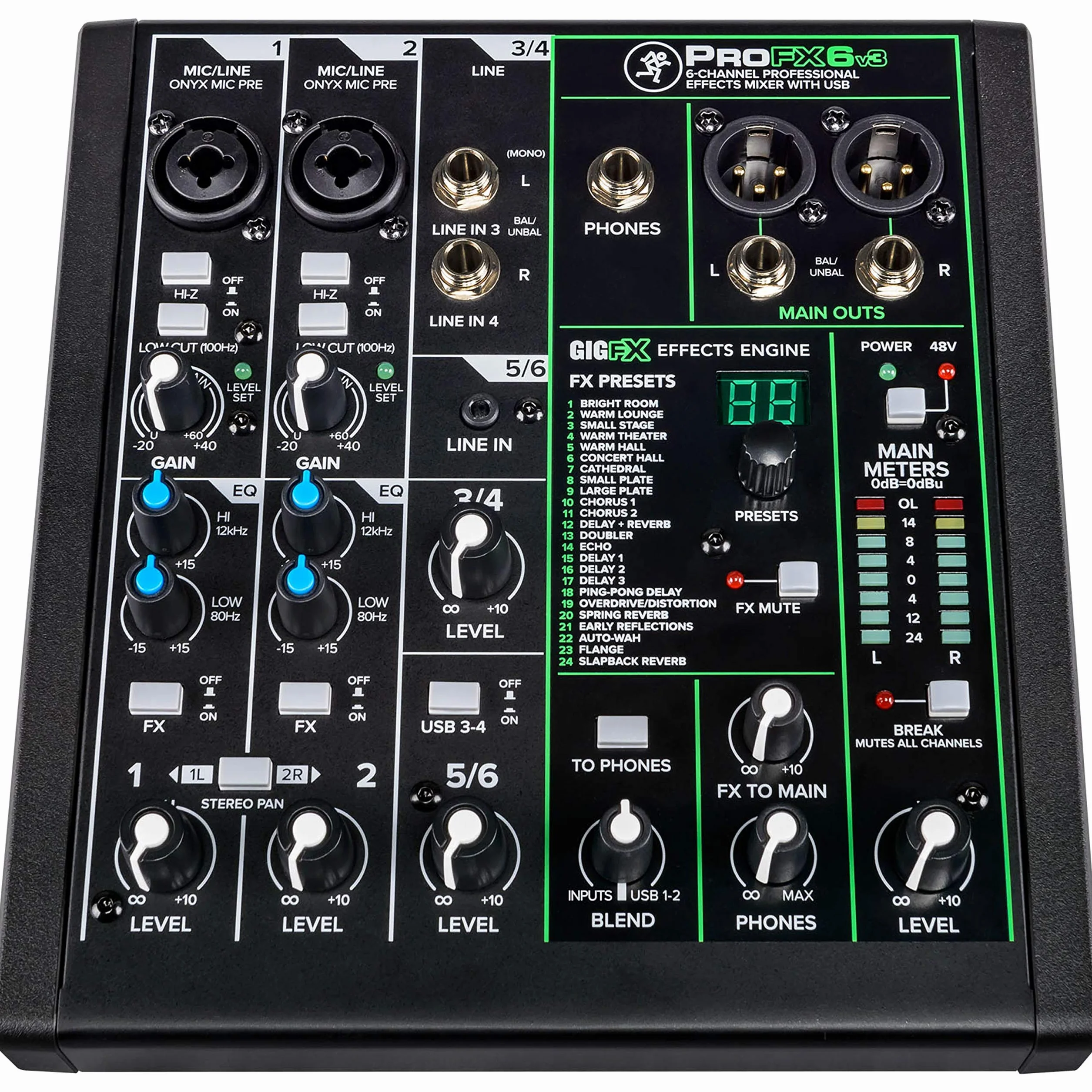 MACKIE Profx6V3 Mixer Analogico a 6 Canali con i Preamplificatori Microfonici Onyx, Effetti e Interfaccia Audio USB a 24 Bit/192 Khz 2X4 Canali