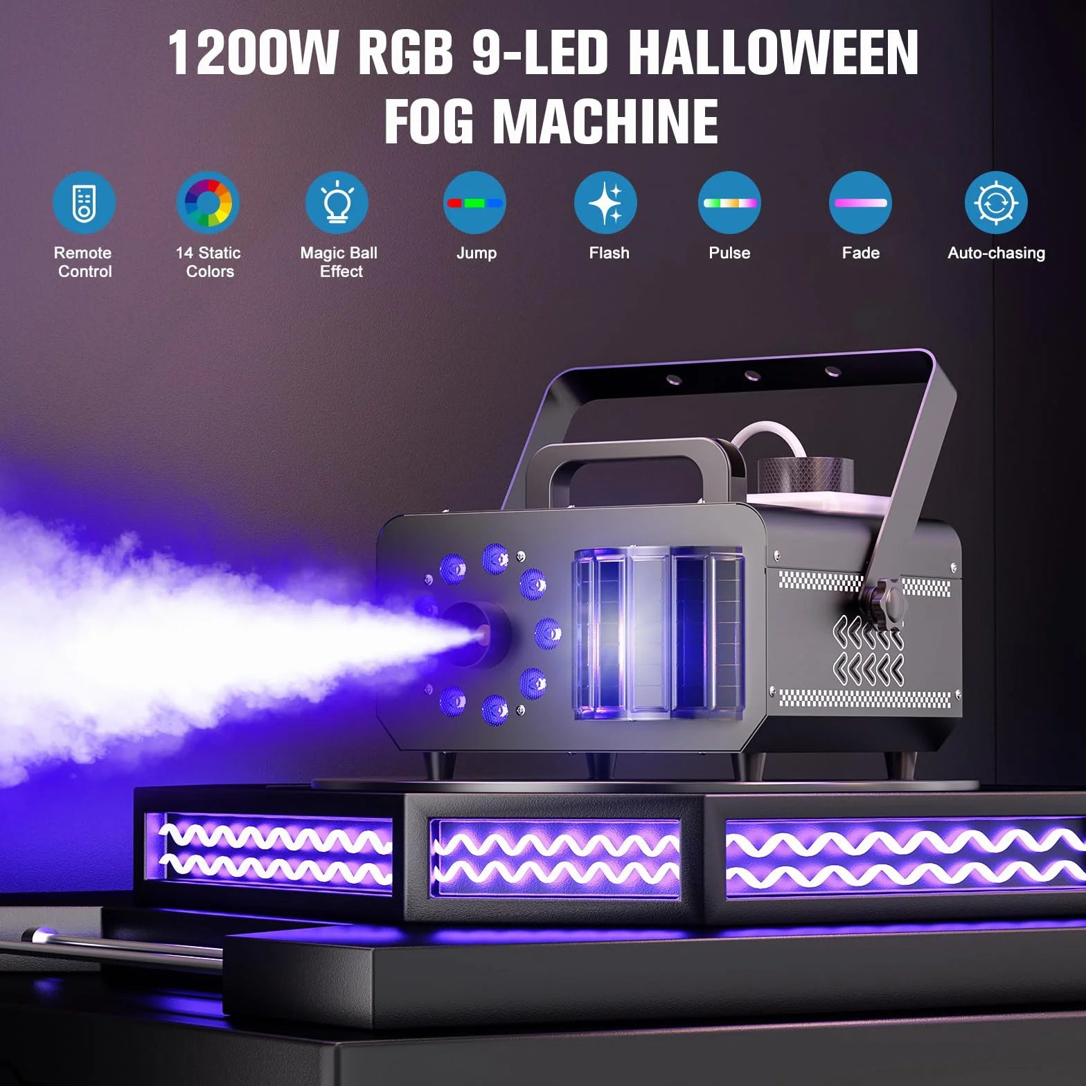 1200W Macchina del fumo 3000 CFM con telecomando e 9 LED RGB derby, 14 colori statici/auto/jump/strobo Macchina della Nebbia per palco, Halloween, discoteca