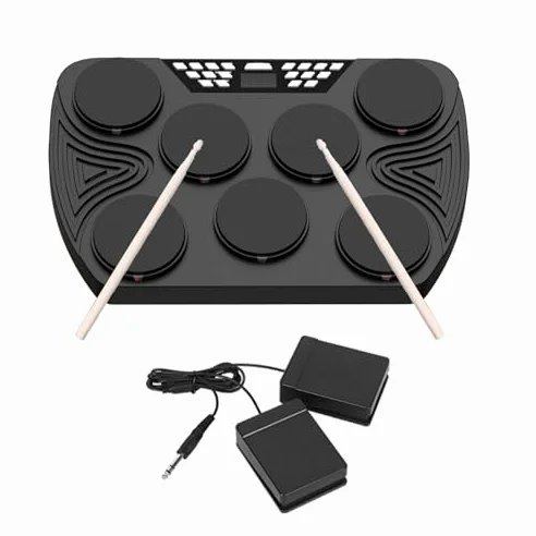 Batteria elettronica con 7 pad sensibili alla velocità e 2 altoparlanti stereo integrati, ideale per principianti e bambini in età scolare