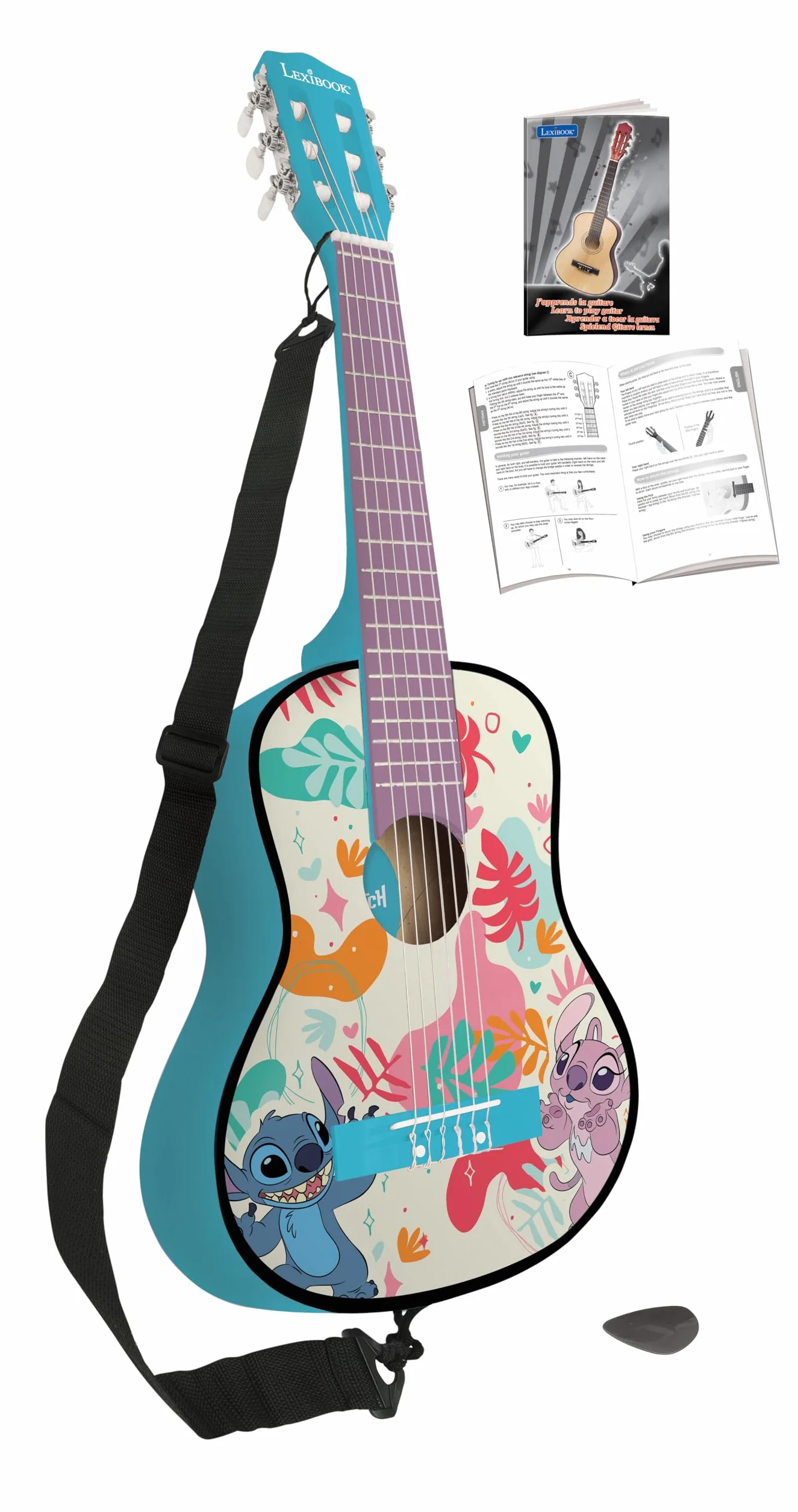Lexibook, Disney Stitch, La mia prima chitarra acustica in legno, 6 corde in nylon, 78 cm (30), Guida all’apprendimento, plettro e tracolla inclusi, Blu, K2000DLXB