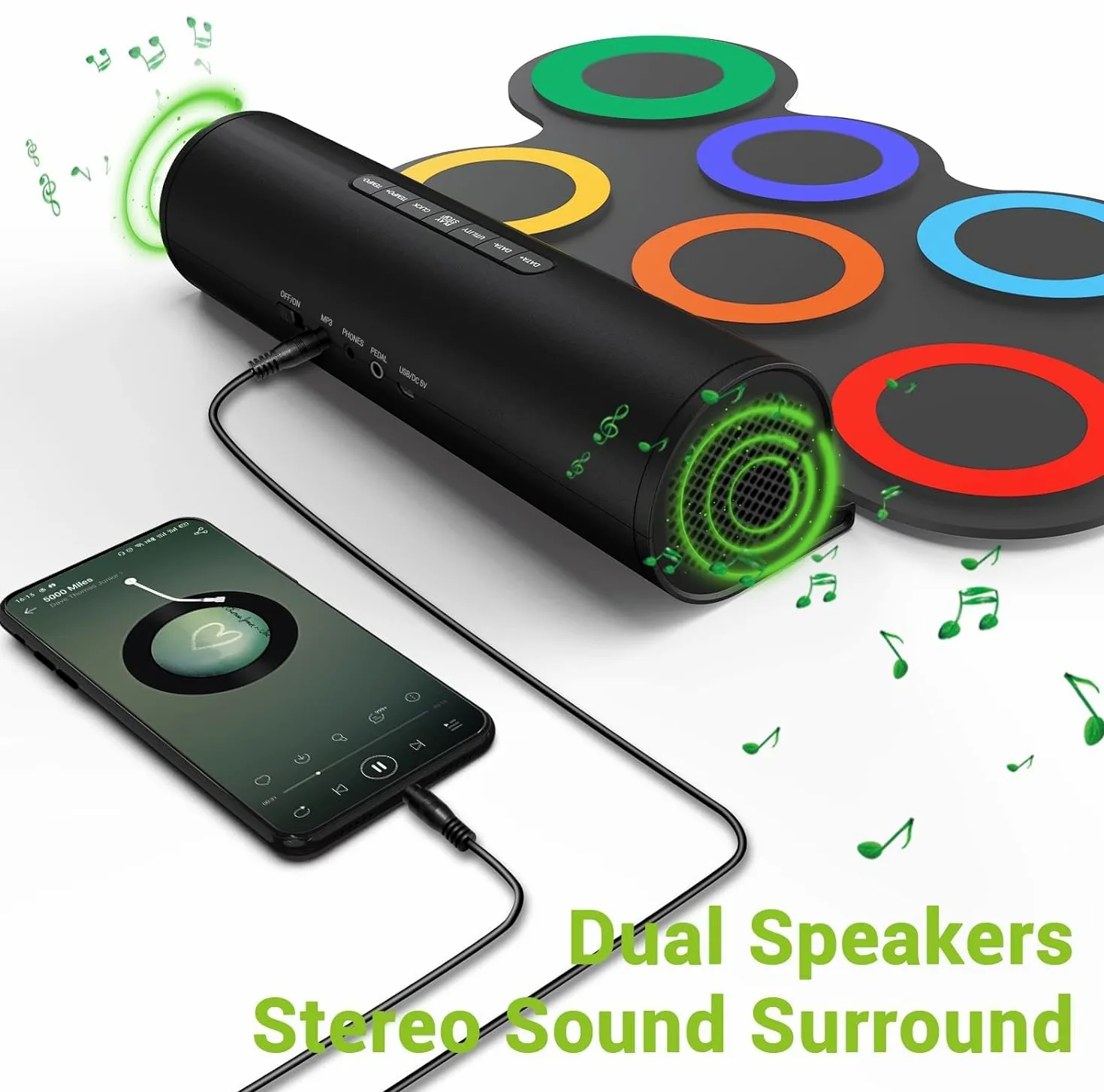 IWORD Set di batteria elettronica, pad per esercitarsi con batteria arrotolabile, con jack per cuffie, altoparlante integrato, pedali, bacchette, 10 ore di autonomia, ottimo regalo di compleanno per