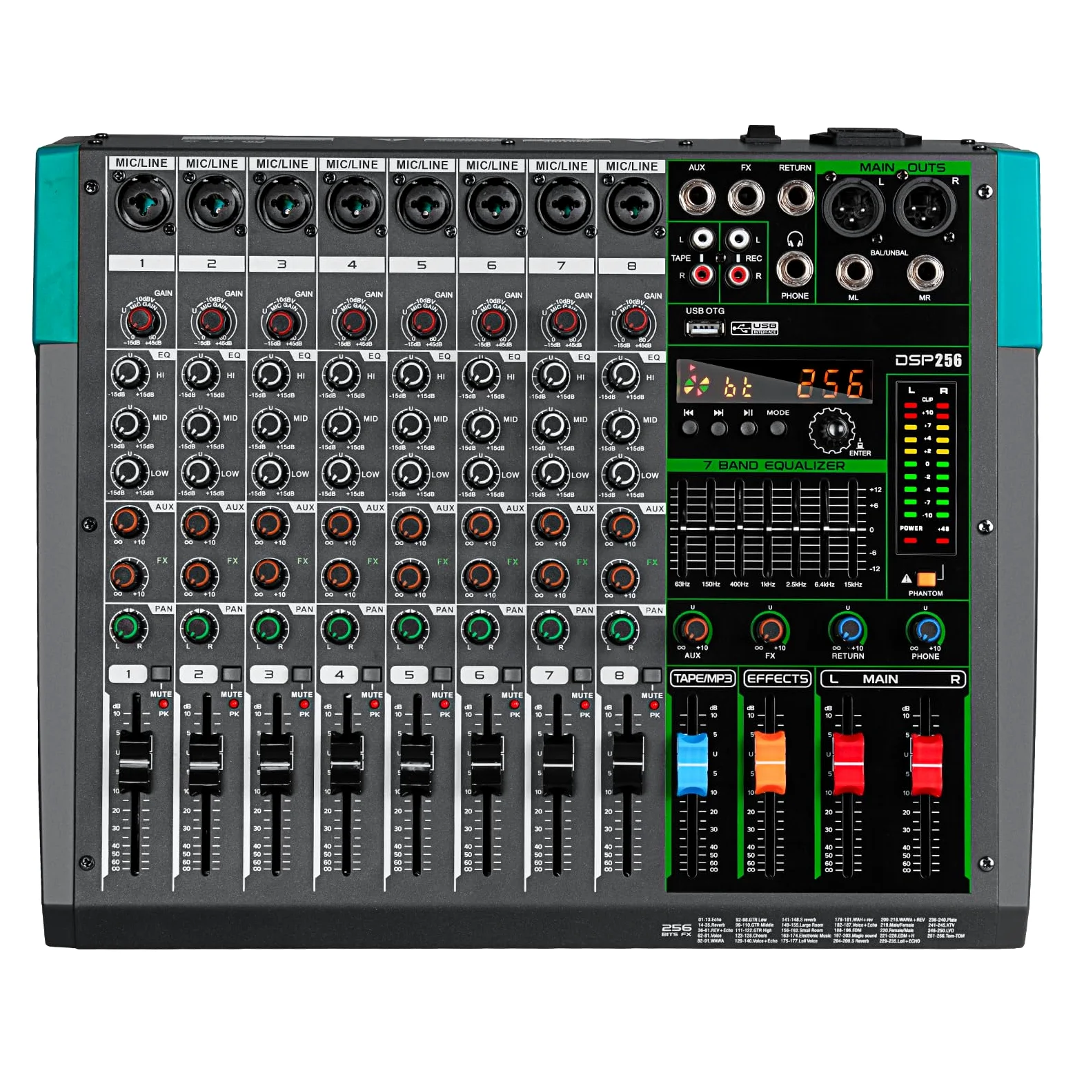 Depusheng PA8 Mixer professionale Console DJ a 8 canali con 256 opzioni di effetti DSP Connessione wireless Bluetooth Chiavetta USB Alimentazione phantom 48V