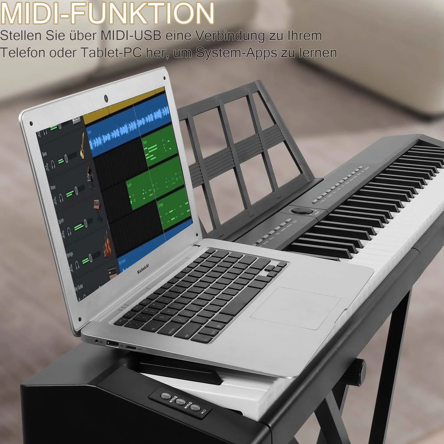 LEADZM Pianoforte Digitale Semi-Pesato a 88 Tasti, Tastiera Full Size, Tastiera Elettronica con Supporto a Forma di X a Doppio Tubo, Bluetooth MIDI, Leggio, Pedale Sustain, Cuffie (Nero, + Supporto)