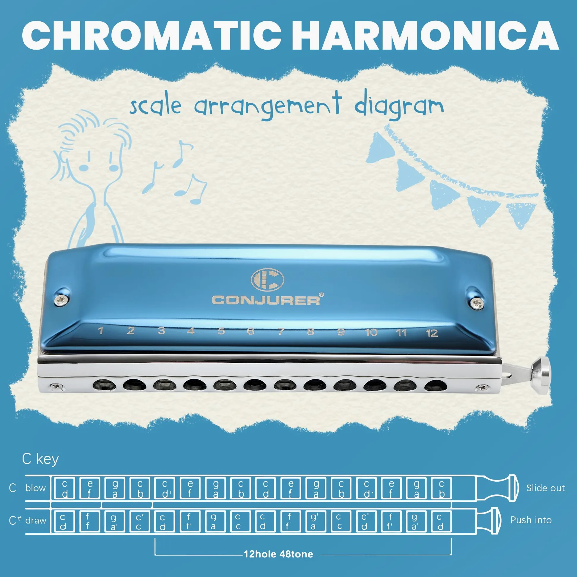 CONJURER Armonica Cromatica chiave di C, 12 fori 48 toni Stanadard armonica blues diatonica con custodia, armonica per principianti, adulti, bambini, professionisti, studenti, amici, regali (blu, C)