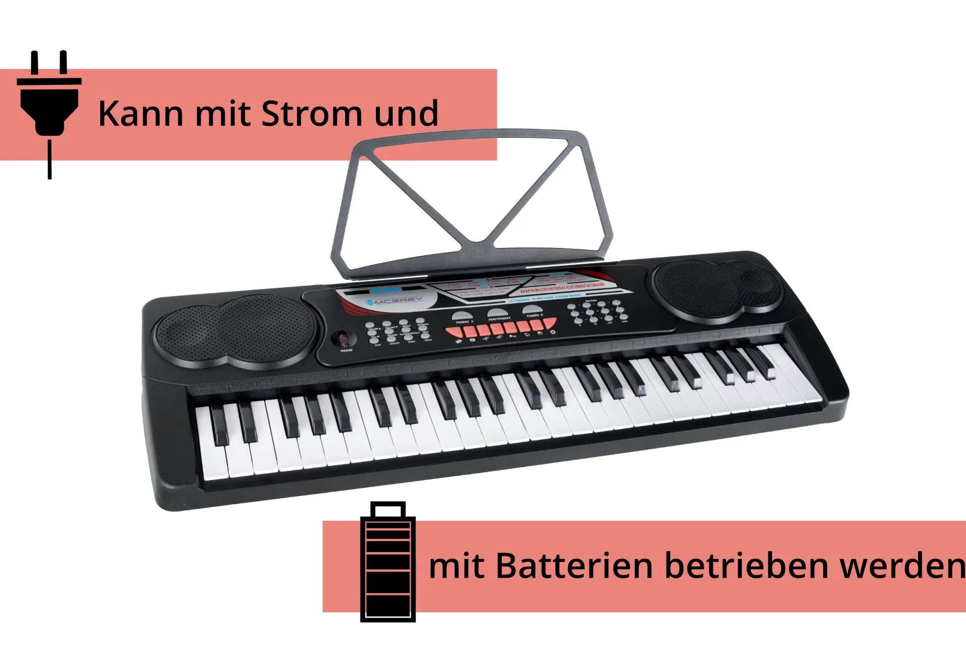 McGrey BK-4910BK Set Keyboard per principianti - 49 tasti, 16 suoni, 10 ritmi, 8 suoni percussivi e 6 demo - incl. microfono, leggio e cuffie - nero