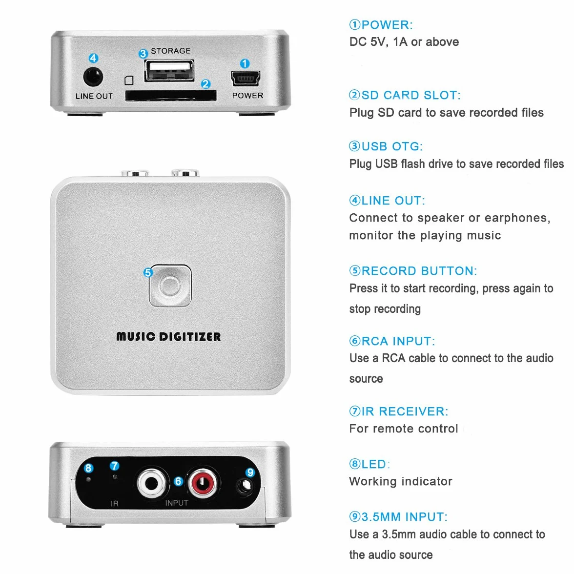Registratore e convertitore audio, da qualsiasi formato a file MP3, con porte d’ingresso da 3,5 mm e RCA, dotato di telecomando