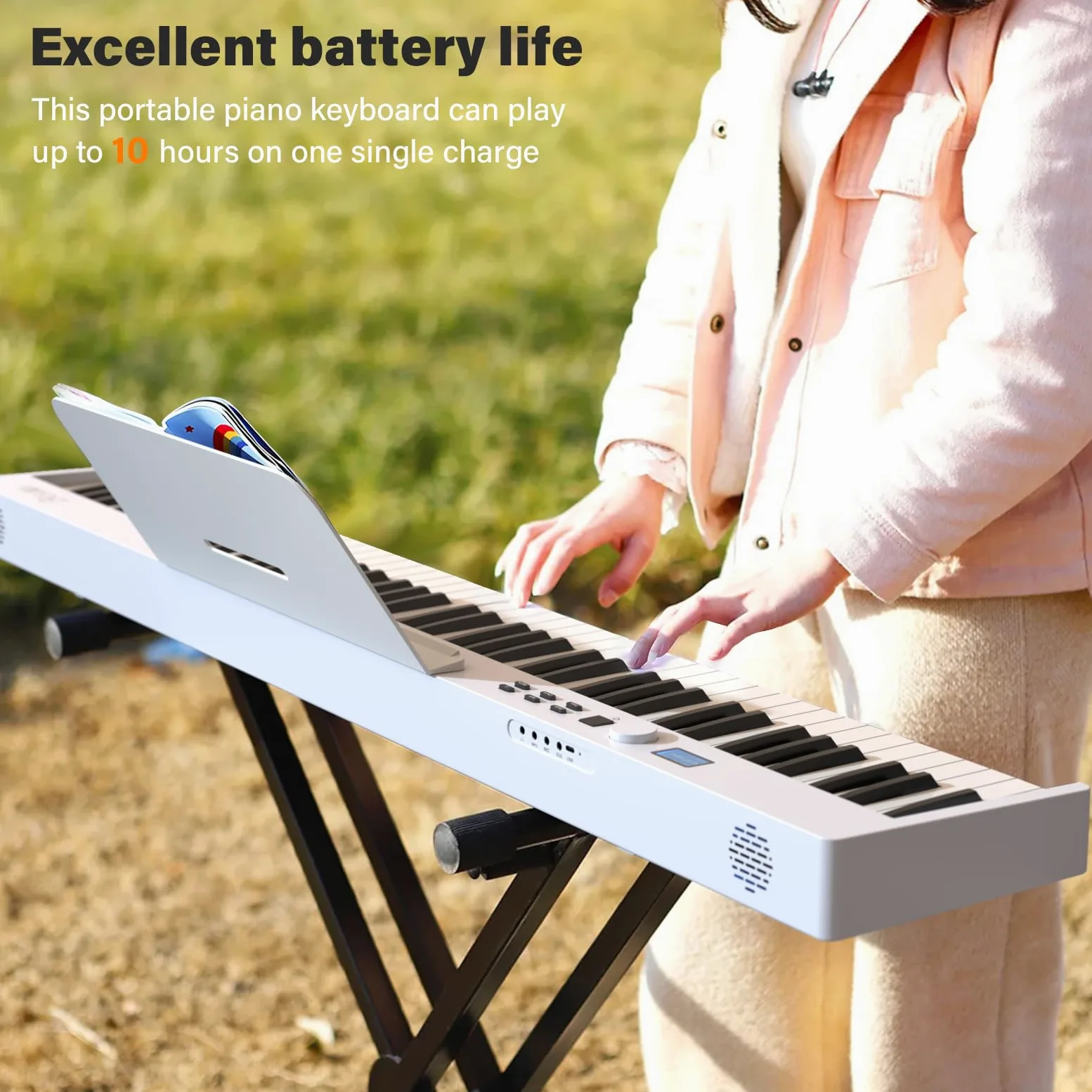 Tastiera a 88 tasti BSP-10F Pianoforte pieghevole portatile con tastiera semi-pesata, 128 toni, USB MIDI, pedale sustain, leggio per principianti, regalo per principianti, bianco