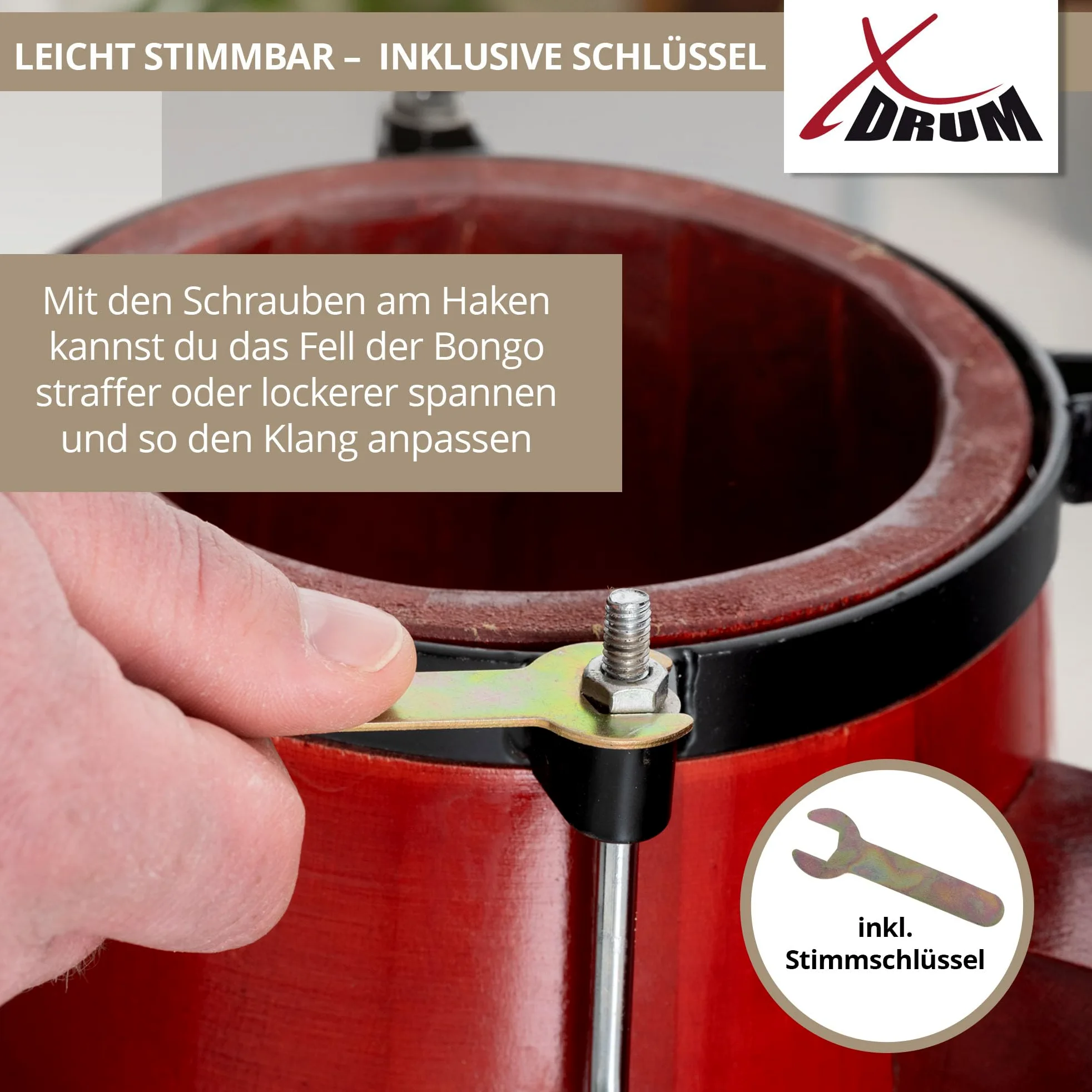 XDrum Bongos Pro Rosso Vino - 2 Tamburi con diametro 6,5" (17 cm) e 7,5" (20 cm) - Bonghi con pelli naturali accordabili, chiave di accordatura e supporto - Tamburi in legno rossi