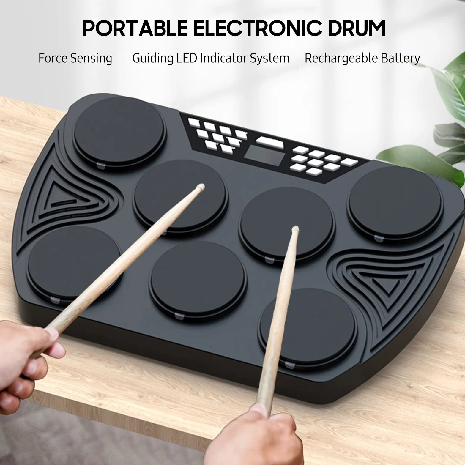 Batteria elettronica portatile, tamburo da tavolo con 7 pad sensibili alla velocità, supporto per pad batteria ricaricabile integrato, ingresso audio per registrazione, per bambini e principianti